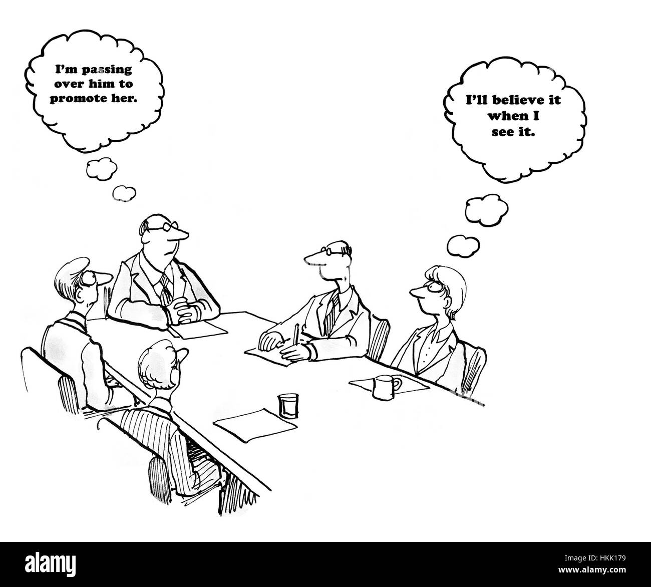Geschäftliche Karikatur über einen männlichen Chef zu eine Arbeitnehmerin zu fördern. Stockfoto