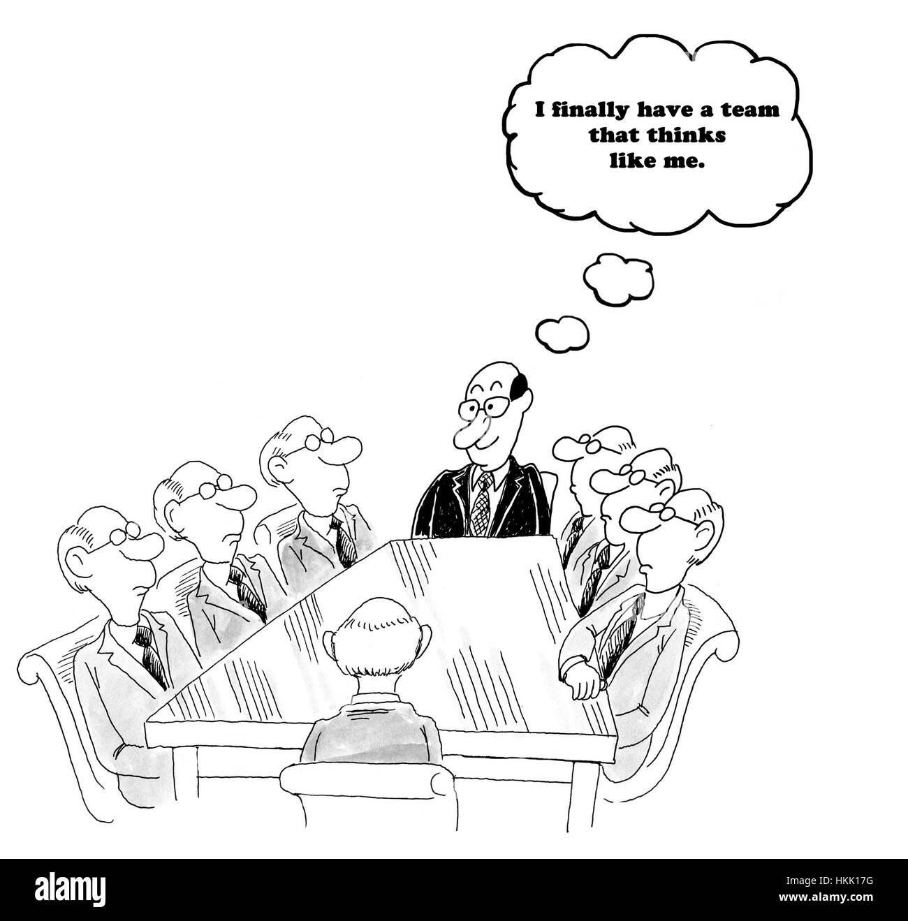 Geschäftliche Karikatur über einen Teamleiter glücklich darüber, dass die Teammitglieder denken, genau wie er es tut. Stockfoto