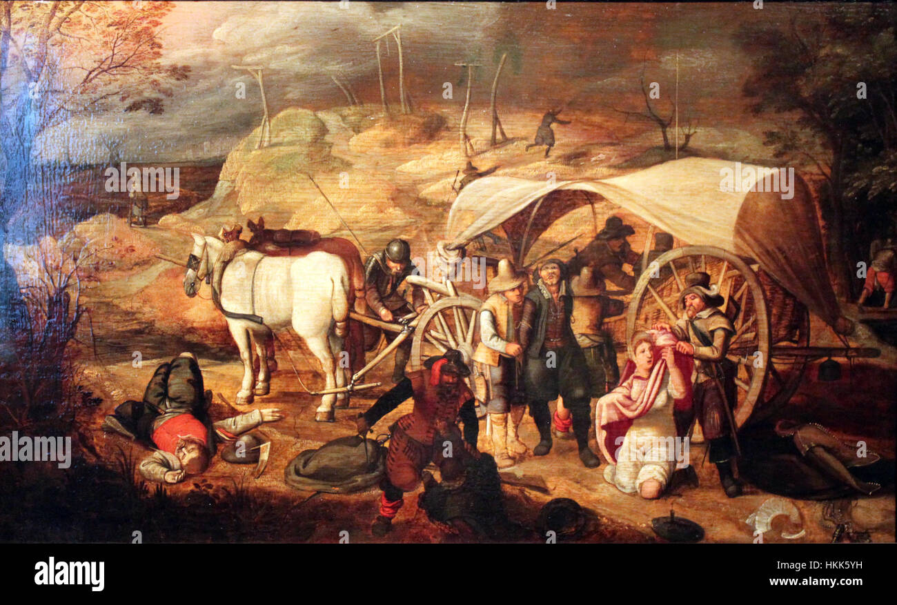 Ein Gemälde von Vrancx aus dem Jahr 1647, das plündernde Soldaten zeigt und die Gewalt und das Chaos der damaligen Zeit widerspiegelt. Das Kunstwerk zeigt die Intensität und Störung militärischer Aktivitäten in einem historischen Kontext. Stockfoto