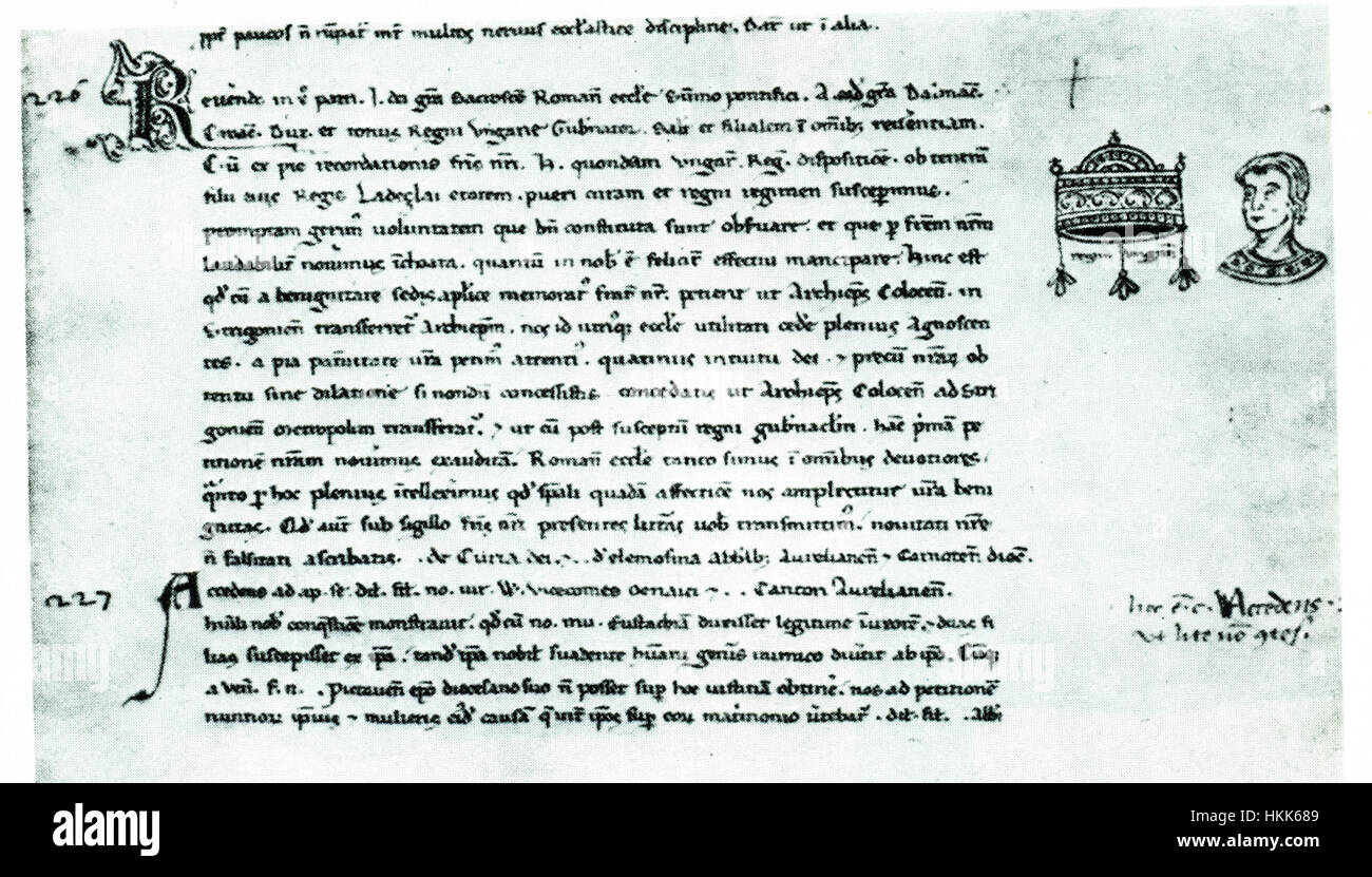 Dieses Kunstwerk zeigt Andreas II. Von Ungarn, der den König in königlicher Kleidung mit der Krone zeigt. Das Porträt unterstreicht seine königliche Präsenz und spiegelt die königliche Tradition des Mittelalters wider. Stockfoto