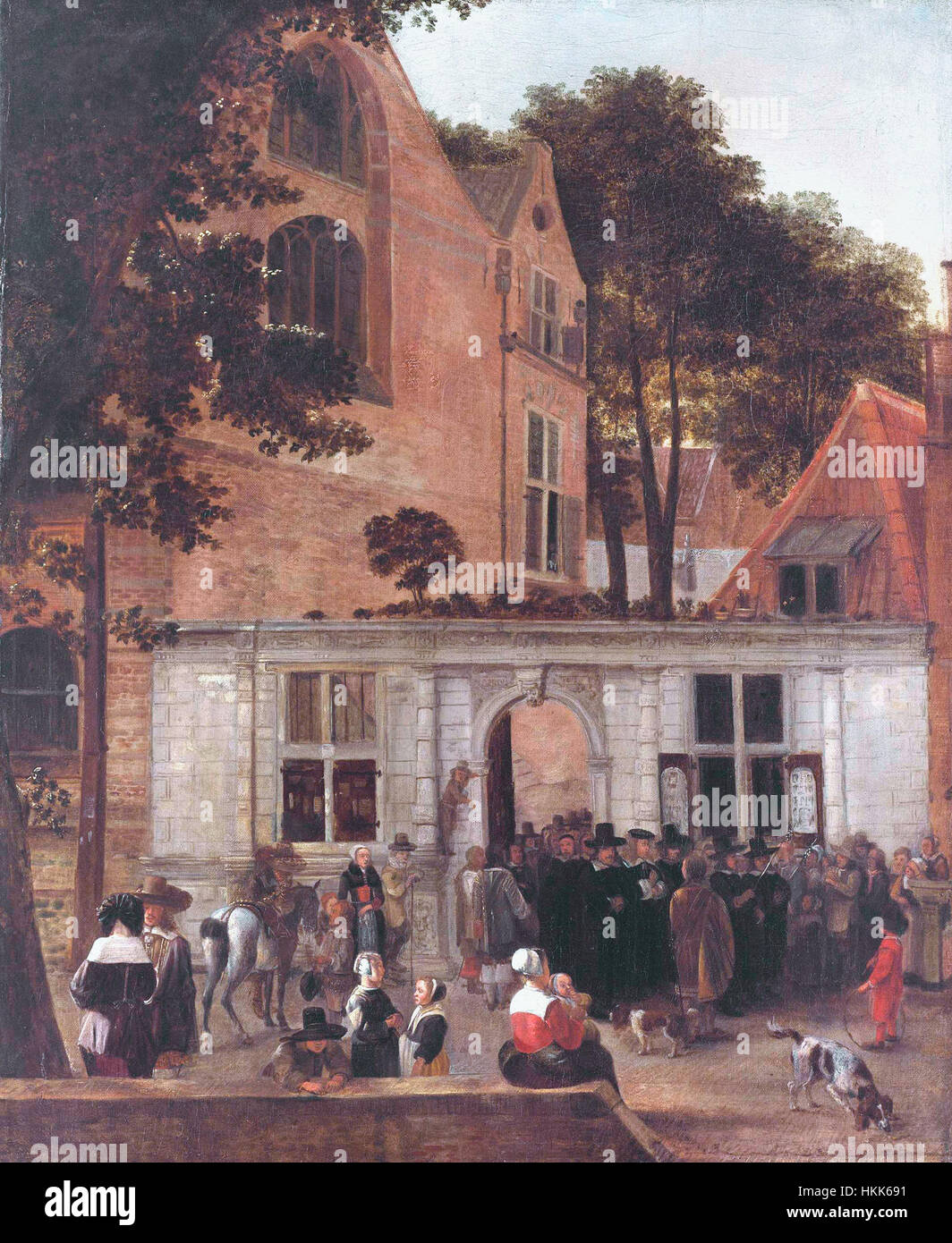 Dieses Gemälde von Hendrick van der Burgh aus dem Jahr 1650 zeigt eine Abschlussfeier an der Universität Leiden, die die akademischen Traditionen dieser Zeit zeigt. Die Arbeit hebt die Kleidung und Formalitäten der Zeremonie hervor und fängt die intellektuelle Atmosphäre ein. Stockfoto