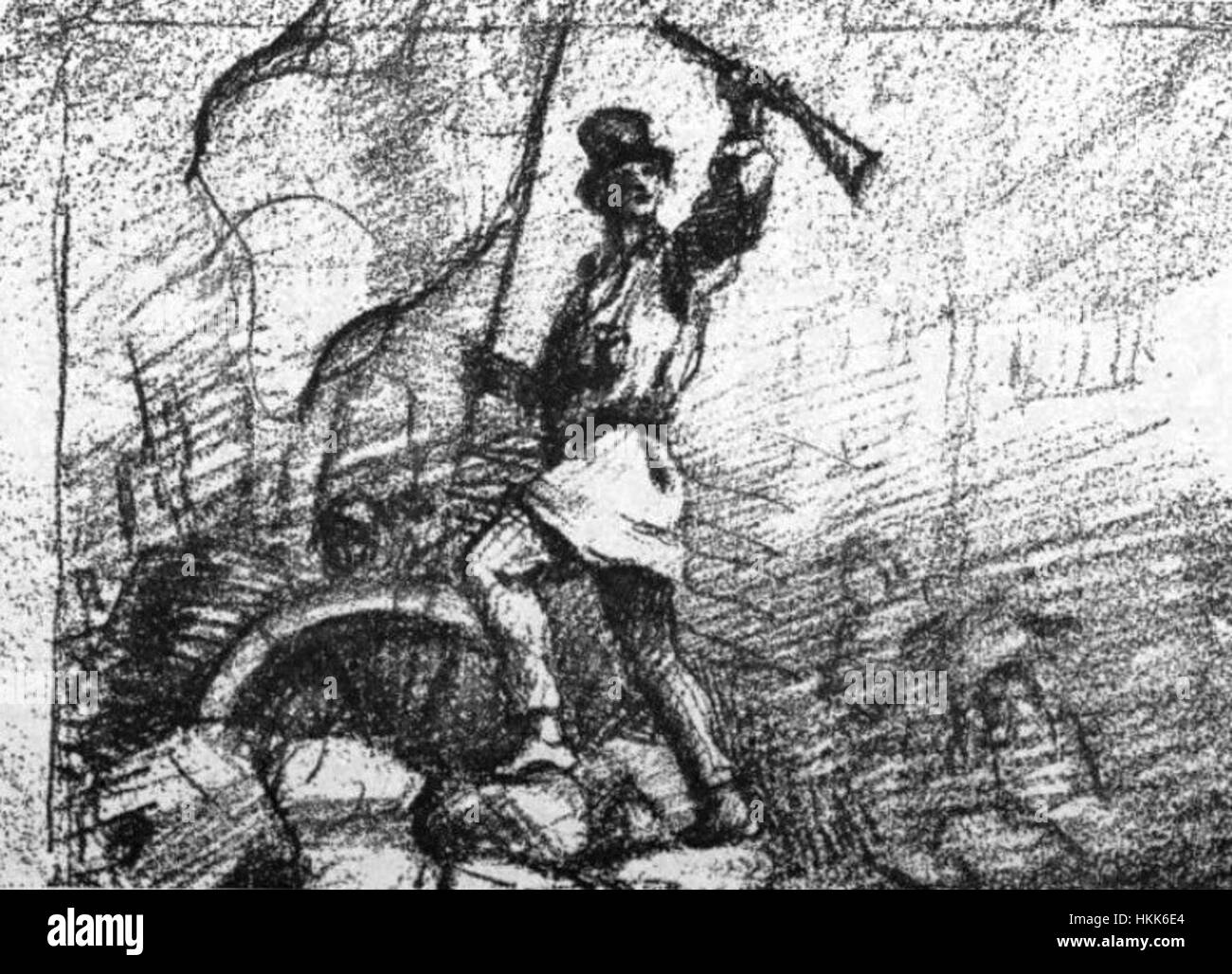 Ein berühmtes Gemälde von Gustave Courbet mit dem Titel „Barricade (Le Salut Public)“, das eine politische Szene aus dem 19. Jahrhundert darstellt. Das Kunstwerk beleuchtet die turbulente Zeit der französischen Geschichte, wobei der Schwerpunkt auf Revolution und öffentlichen Protesten liegt. Stockfoto