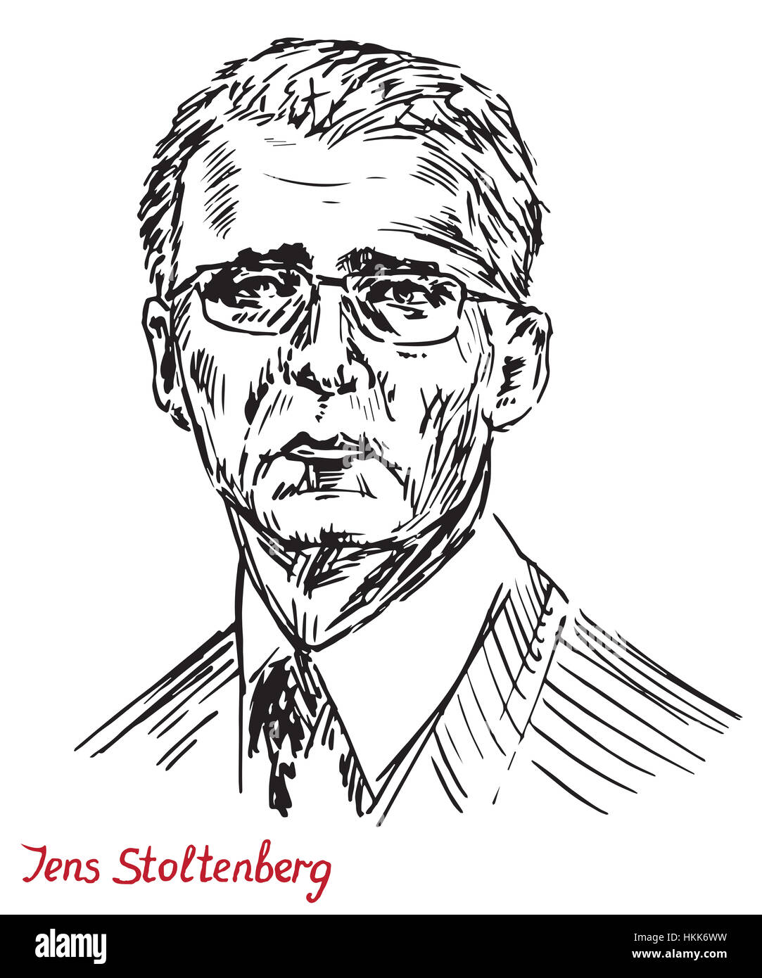 Jens Stoltenberg, norwegischer Politiker und Generalsekretär der 13. von der North Atlantic Treaty Organization (NATO), von hand gezeichnet, Abbildung Stockfoto