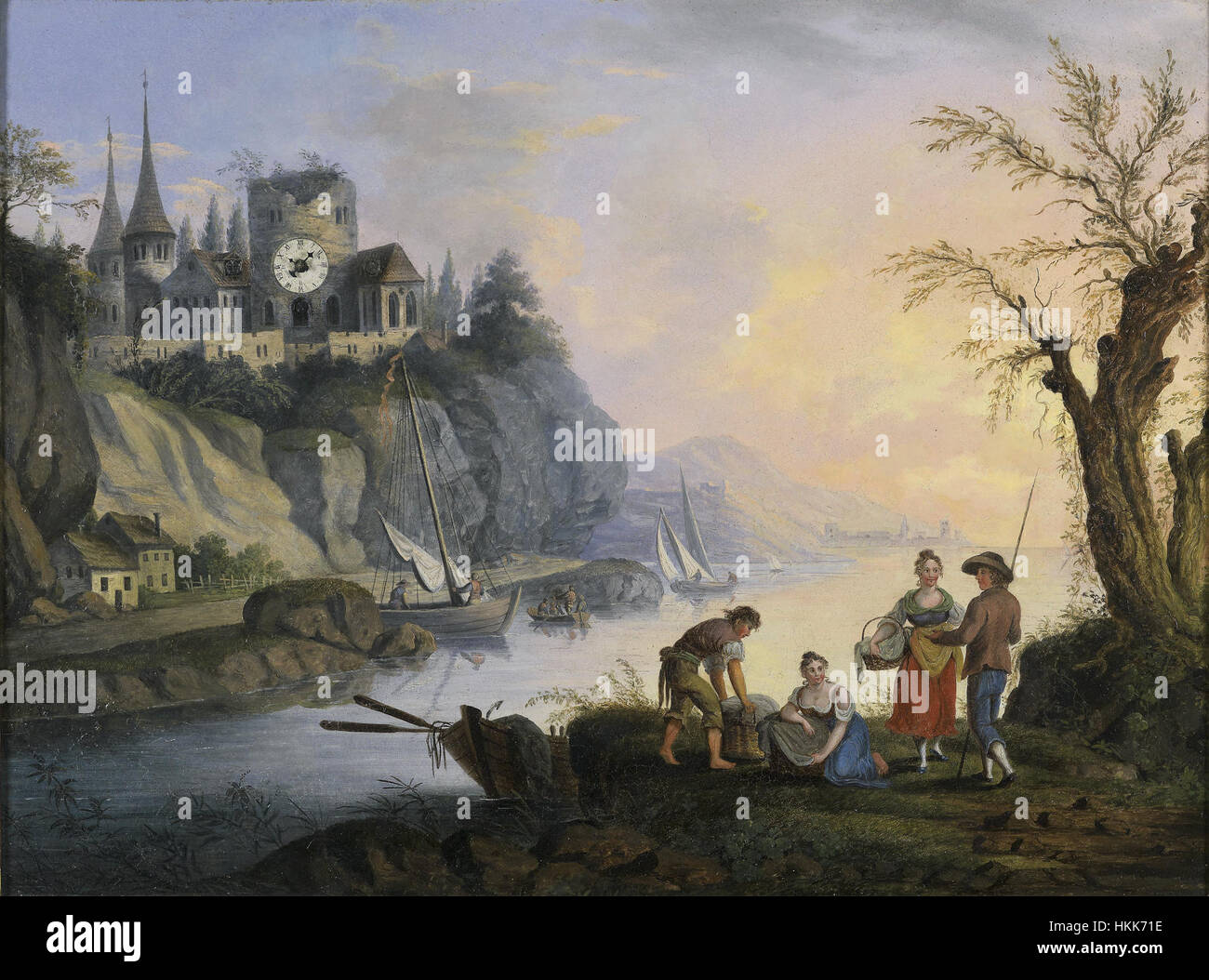 Ein Gemälde aus der Biedermeier-Ära aus dem frühen 19. Jahrhundert, das eine Gruppe von Menschen am Wasserrand darstellt. Die Szene fängt einen friedlichen Moment in der Natur ein und zeigt die detailreiche Kunst des Biedermeier-Stils. Stockfoto