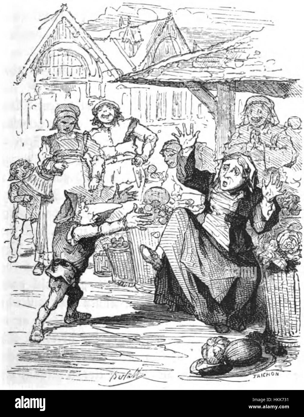 „Jakobs Rückkehr als Zwerg“ von Bertall ist ein fantasievolles Werk aus dem 19. Jahrhundert, das Humor und Fantasie verbindet. Dieses Gemälde stellt eine skurrile Rückkehr einer Figur dar, gefüllt mit Satire und übertriebenen Merkmalen, die für Bertall typisch sind. Es zeigt die Fähigkeit des Künstlers, faszinierende visuelle Erzählungen durch Humor und Karikatur zu erschaffen. Stockfoto