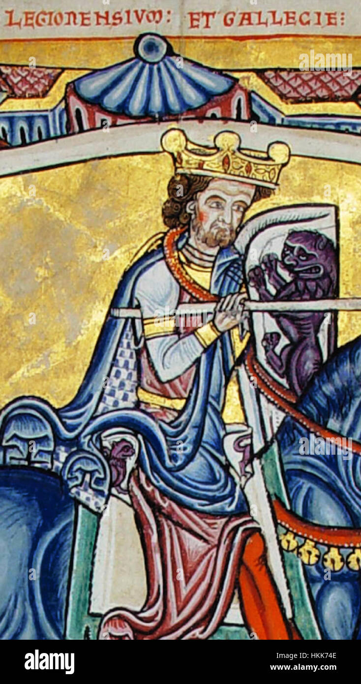 Dieses Gemälde zeigt eine detaillierte Darstellung von Adeffonsus, dem König von Galicien und Leon, die seine königliche Kleidung und die historische Bedeutung seiner Herrschaft unterstreicht. Das Kunstwerk unterstreicht seinen Status und seine Rolle in der Geschichte des mittelalterlichen Spaniens. Stockfoto