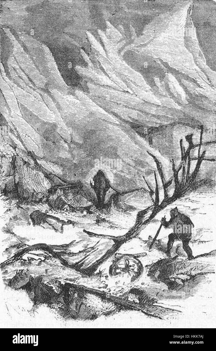 „Das Eisfeld“ von Riou und Montaut zeigt die raue, gefrorene Landschaft der Arktis. Das Gemälde fängt das krasse, eisige Gelände und die anspruchsvolle Umgebung ein, mit der Entdecker konfrontiert sind, und unterstreicht die unerbittliche Kälte und Schönheit der Polarregionen. Stockfoto