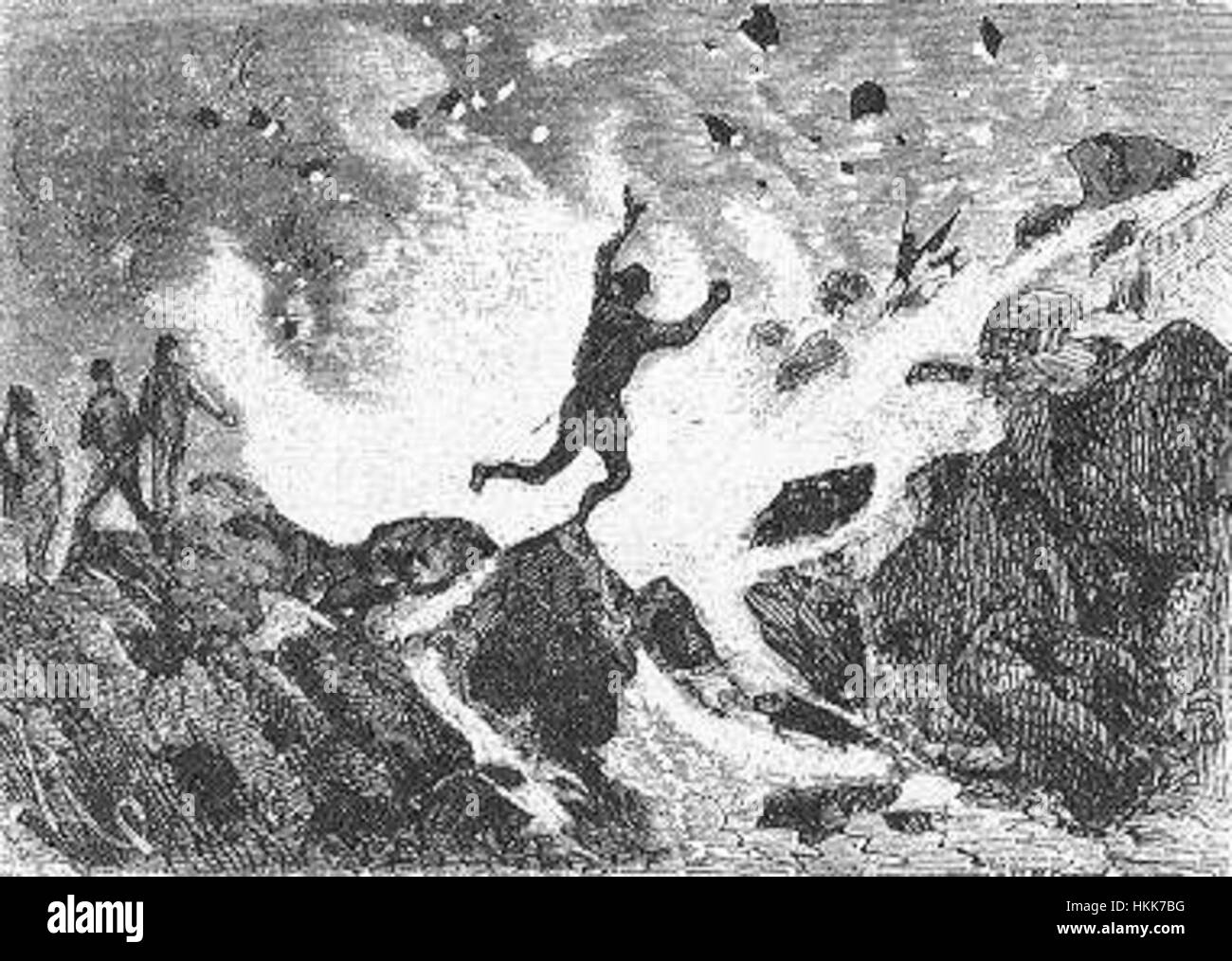 „The Field of Ice“ von Riou und Montaut ist eine dramatische Illustration einer eisigen Landschaft, die die raue Schönheit und das beeindruckende Gelände der Polarregionen während der Erkundung zeigt. Stockfoto