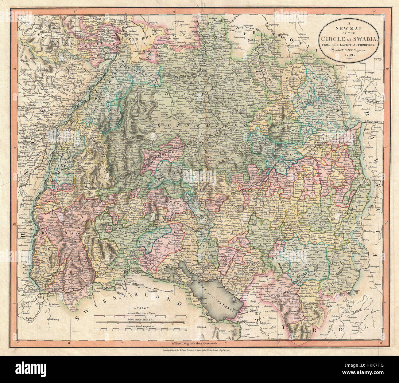 Die Karamellkarte Schwabens von 1799 ist eine kartographische historische Darstellung der Schwäbischen Region. Diese Karte bietet detaillierte geografische Informationen und zeigt Städte, Straßen und natürliche Merkmale der Gegend zu dieser Zeit. Es ist ein wichtiges Artefakt für das Verständnis der historischen Geographie Süddeutschlands während des späten 18. Jahrhunderts. Stockfoto