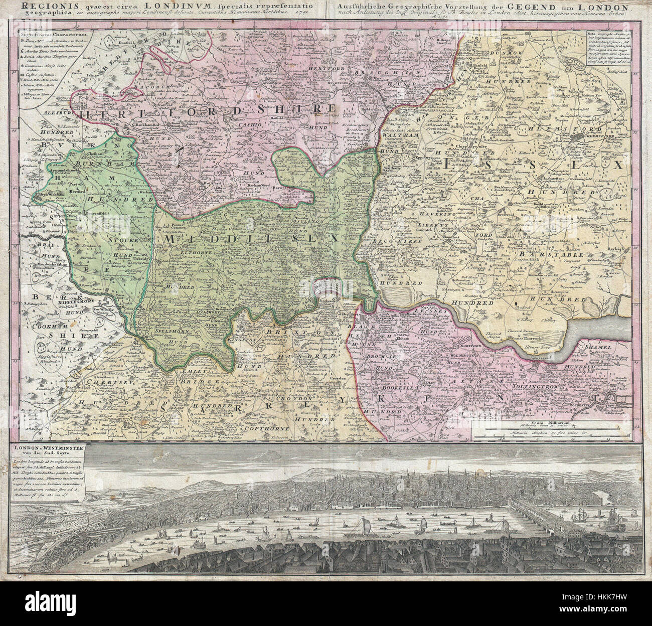 Diese Karte von Homann aus dem Jahr 1741 beschreibt London und seine Umgebung und bietet einen historischen Blick auf die Geographie der Stadt im 18. Jahrhundert. Es ist eine wertvolle Ressource für Historiker und Kartographiebegeisterte. Stockfoto