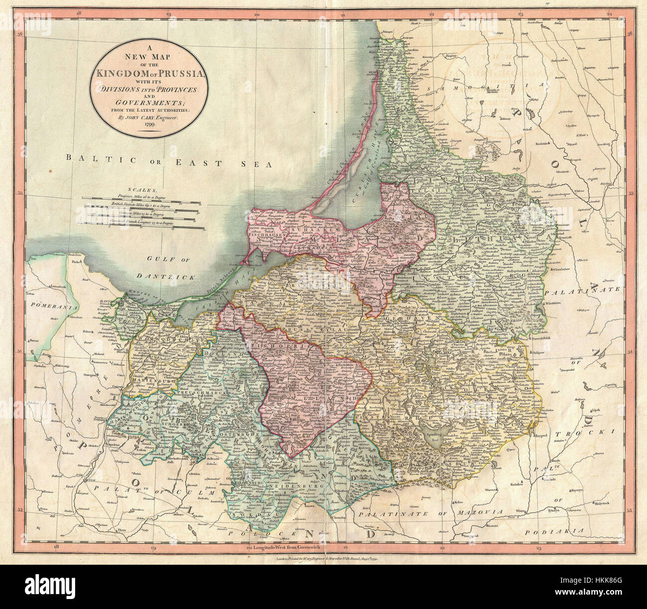 Eine Karte von John Cary aus dem Jahr 1799, die Preußen und Litauen zeigt, welche die politischen und geografischen Grenzen der Region am Ende des 18. Jahrhunderts darstellt. Stockfoto