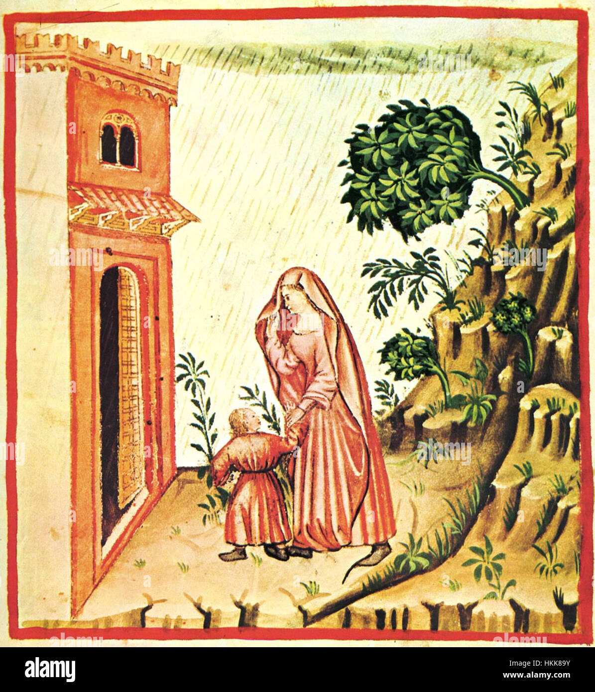 Eine Seite aus dem „Taccuino Sanitatis“, einer medizinischen Handschrift mit einer Illustration des Südwindes („vento meridionale“). Das Kunstwerk ist Teil der Sammlung Casanatense 4182 und zeigt mittelalterliches medizinisches Wissen und künstlerischen Stil. Stockfoto