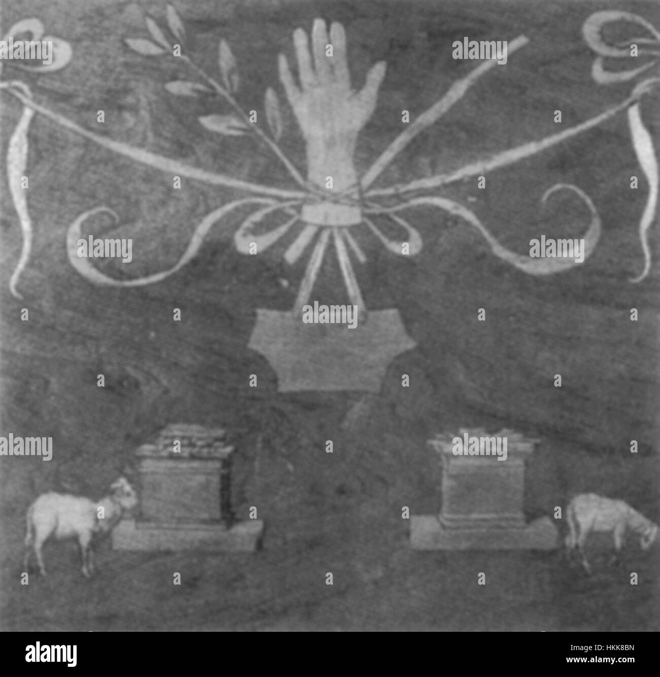 Ein Kunstwerk mit dem Titel „62,2 Sacrifici di Caino e di Abele“, das die biblische Geschichte von Kain und Abels Opfern darstellt. Das Gemälde reflektiert die Themen Moral und göttliches Urteilsvermögen in der religiösen Kunst und betont die kontrastierenden Figuren der beiden Brüder. Stockfoto