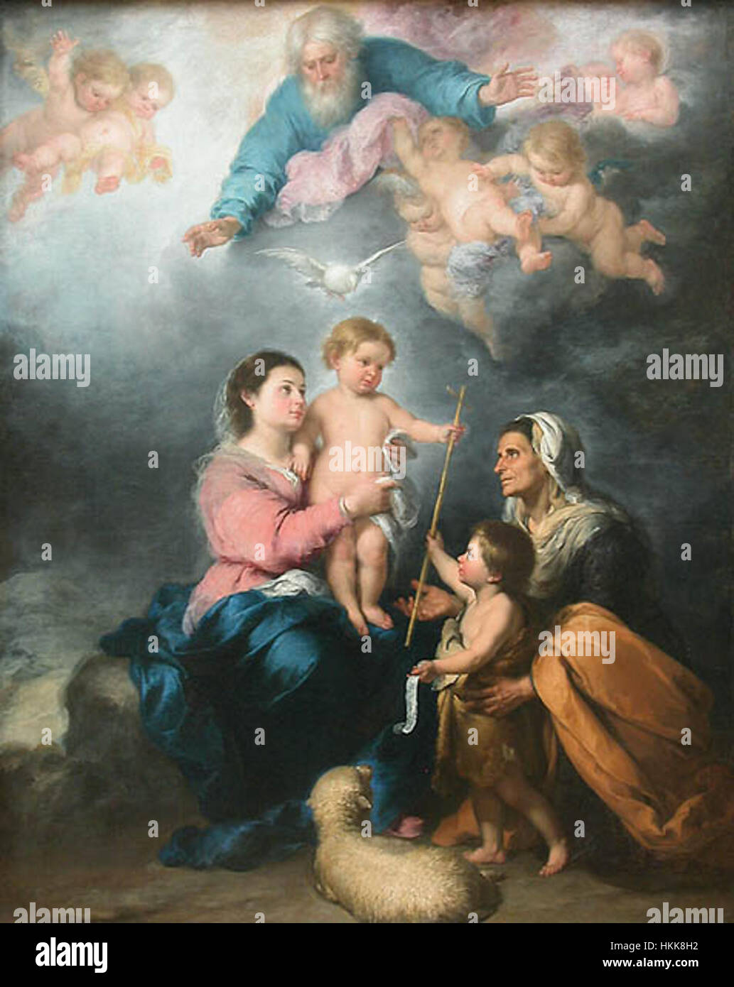 Bartolomé Murillos Gemälde „La Sagrada Familia“ im Louvre zeigt die Heilige Familie mit zarter Farb- und Lichtgebung, die für den spanischen Barockstil charakteristisch ist. Stockfoto