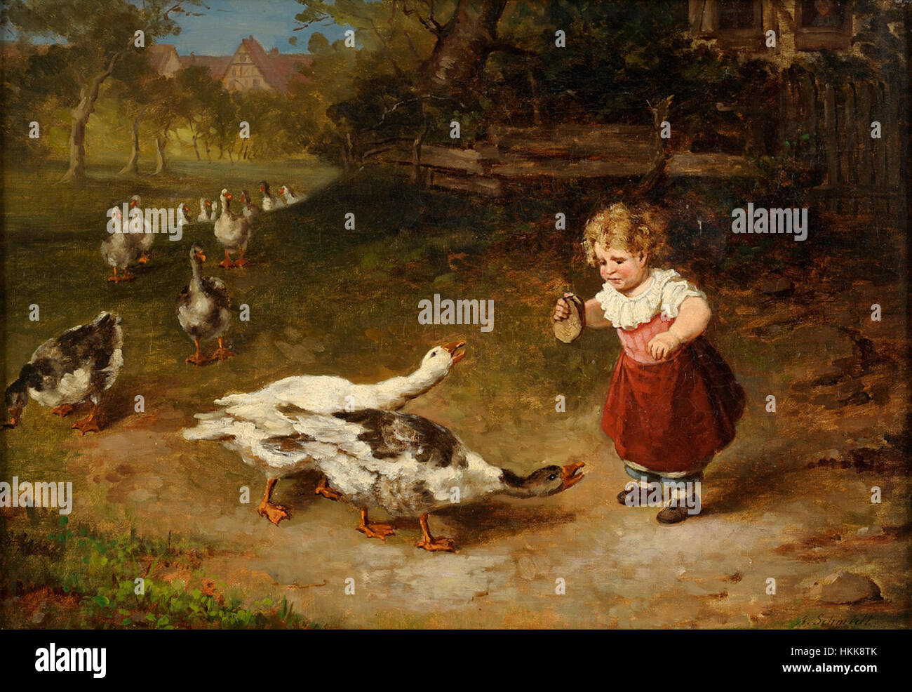 „Eine gefiederte Bande“ von Adolf Schmidt zeigt eine Vogelschar in Bewegung, die ihren dynamischen Flug durch ausdrucksstarke Pinselstriche einfängt. Das Gemälde zeigt Schmidts Liebe zum Detail bei der Darstellung von Wildtieren, wobei der Schwerpunkt auf der Textur der Federn und der Bewegung der Vögel liegt. Stockfoto