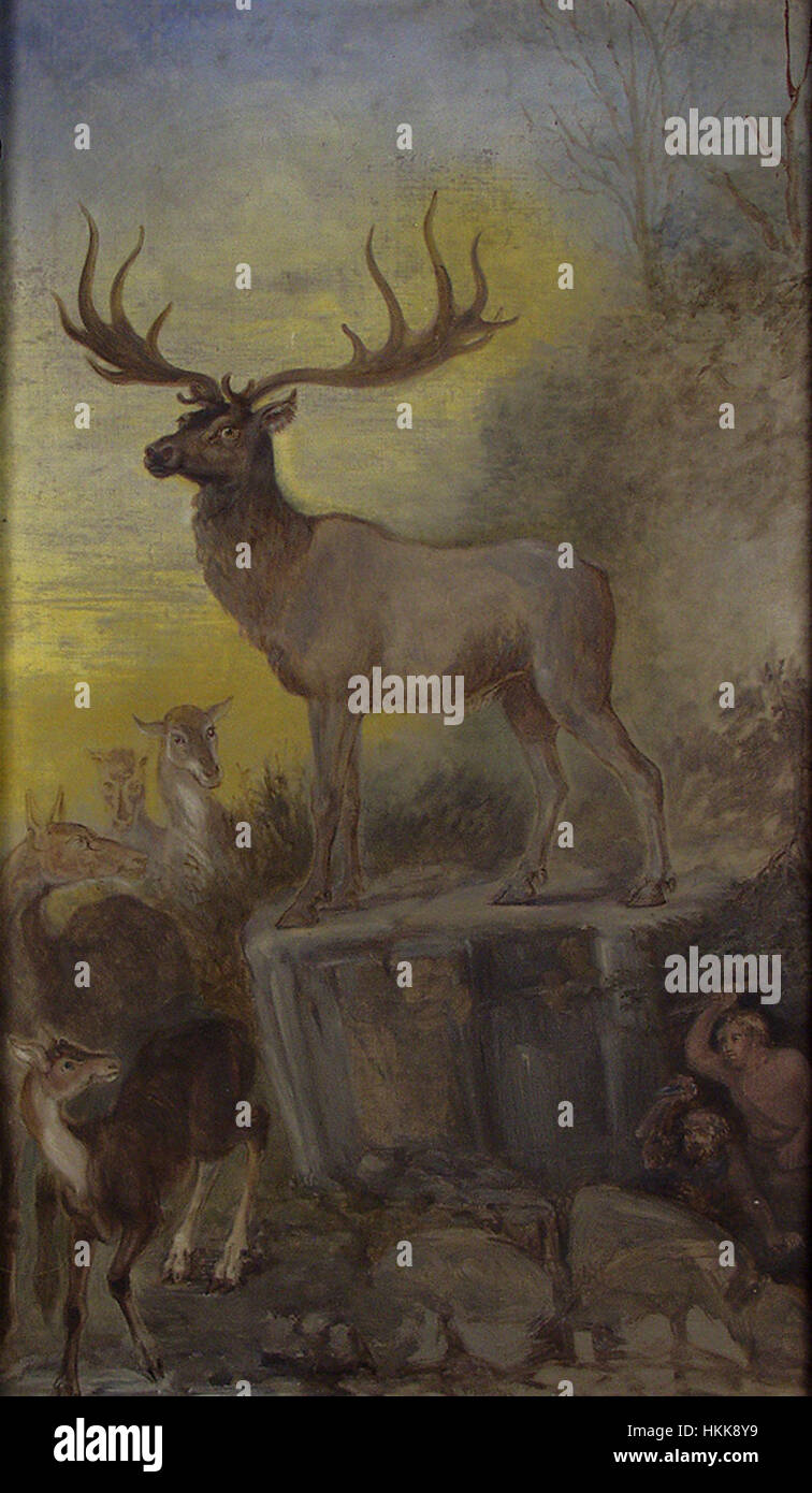 Benjamin Waterhouse Hawkins’ Kunstwerk zeigt eine prähistorische Szene mit einem Hirsch und einem paläolithischen Jäger und bietet einen Einblick in die frühe Geschichte der Menschheit. Das Stück fängt die Interaktion zwischen Mensch und Tier ein. Stockfoto