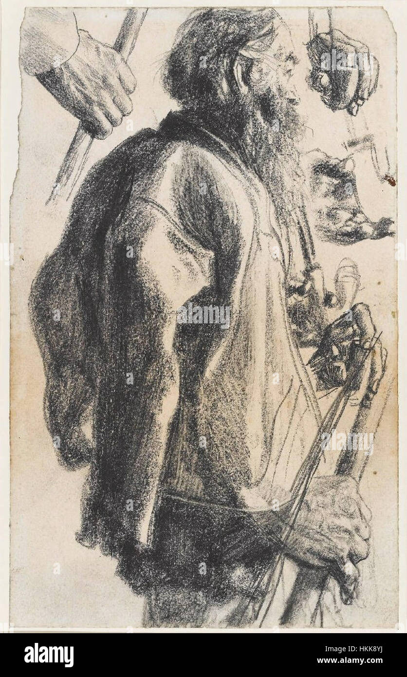 „Alter Mann mit Vollbart und Handstudien“ von Adolph von Menzel ist eine Studie eines älteren Mannes mit Vollbart und detaillierten Handstudien. Das Werk zeigt Menzels Fähigkeit, menschlichen Ausdruck und anatomische Präzision zu erfassen, typisch für seinen Realismus-Stil des 19. Jahrhunderts. Stockfoto