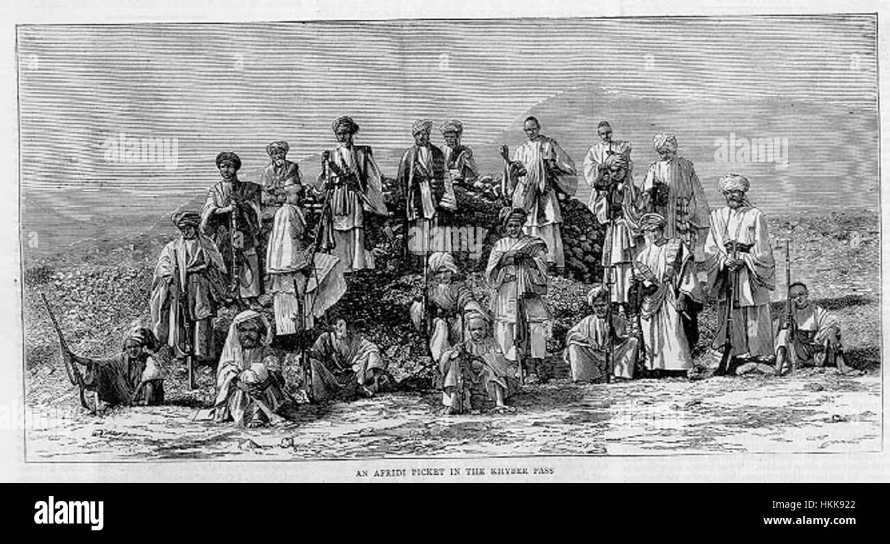 Ein Kunstwerk, das einen Afridi-Streik zeigt, der den militärischen Kontext und die historische Bedeutung dieser Stammesformation erfasst und über frühere militärische Engagements reflektiert. Stockfoto