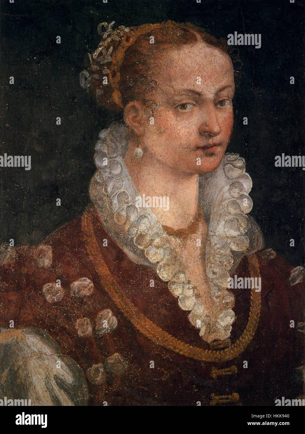 Dieses Porträt von Alessandro Allori zeigt Bianca Cappello, die zweite Ehefrau von Francesco I. de' Medici, Großherzog der Toskana. Das Gemälde veranschaulicht die Renaissance-Porträts und spiegelt ihre Eleganz und ihren Status innerhalb der Familie Medici wider. Stockfoto