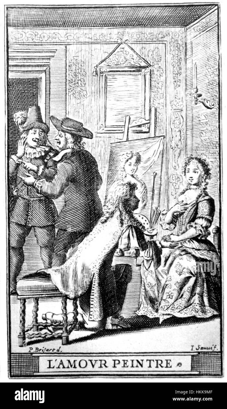 Dieses Werk mit dem Titel Amour-peintre ist ein klassisches Beispiel der französischen Rokoko-Malerei des 18. Jahrhunderts. Das Gemälde zeigt Cupid, den Gott der Liebe, dargestellt als Künstler, eine Metapher für die Schöpfung der Liebe. Stockfoto