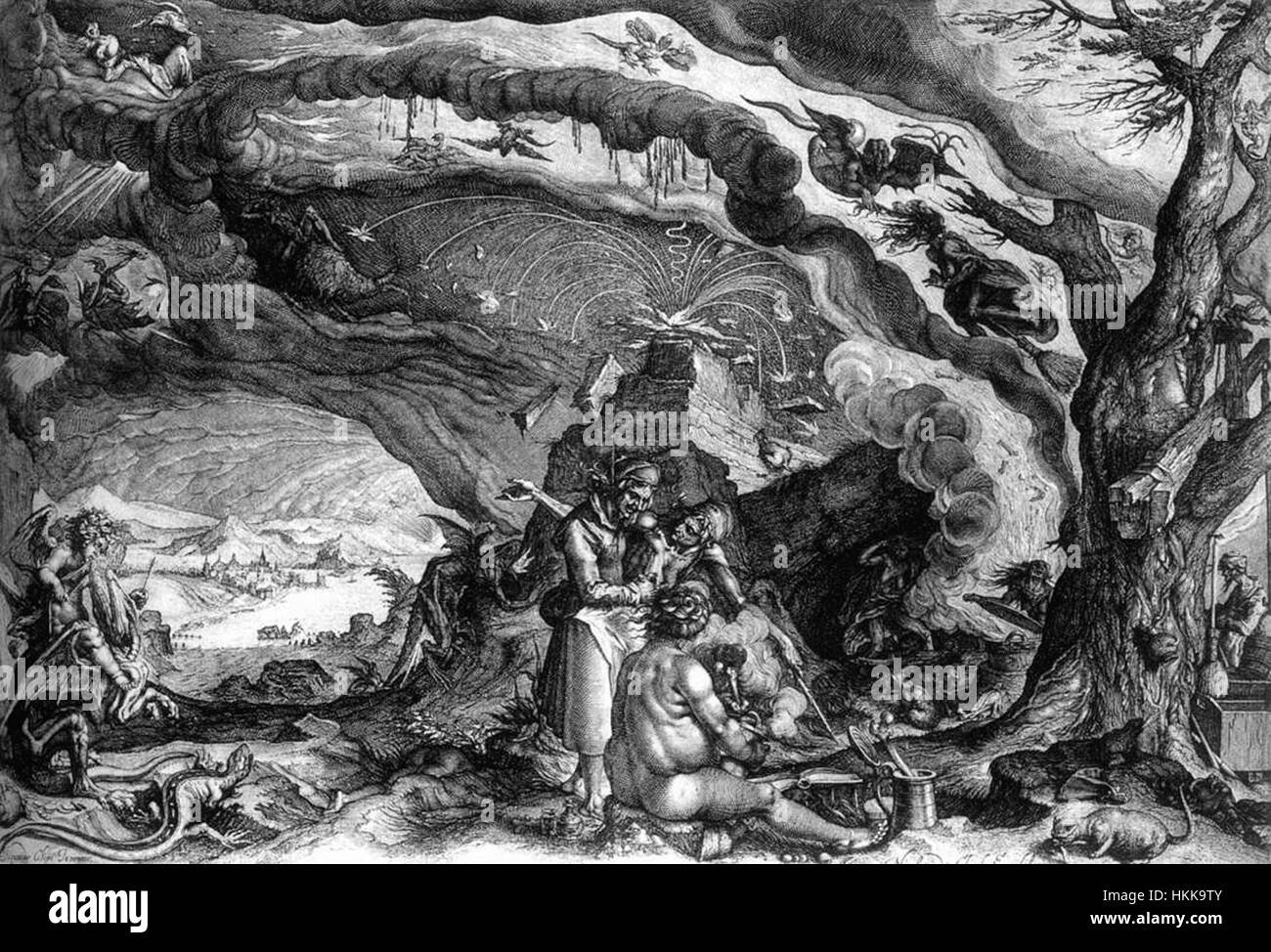 Dieses Ölgemälde von Andries Jacobsz. Stock mit dem Titel „Hexensabbat“ stellt eine dunkle, mystische Szene dar, die sich um eine Versammlung von Hexen dreht. Das Gemälde ist ein klassisches Beispiel der europäischen Renaissance-Kunst und spiegelt Themen des Aberglaubens und des Übernatürlichen wider. Stockfoto