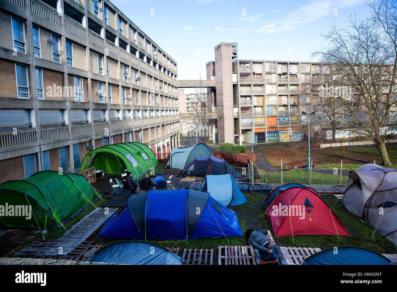 Sheffield, UK. 29. Januar 2017. Sheffields Tent City Park Hill Wohnungen unter einer Besitz-Ordnung vom Stadtrat. Anwohner wurden gebeten, ihre Habseligkeiten zu sammeln und zu bewegen. 29. Januar 2017 Kredit: Gary Bagshawe/Alamy Live-Nachrichten Stockfoto