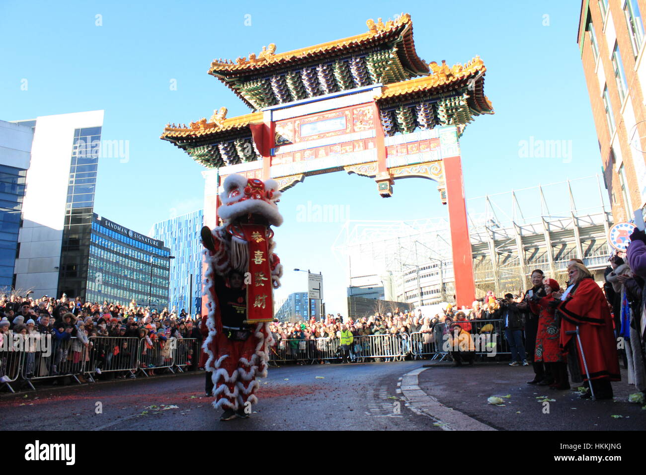 Newcastle, UK. 29. Januar 2017. Feiern für das Jahr des Hahnes in China Town Credit: David Whinham/Alamy Live-Nachrichten Stockfoto