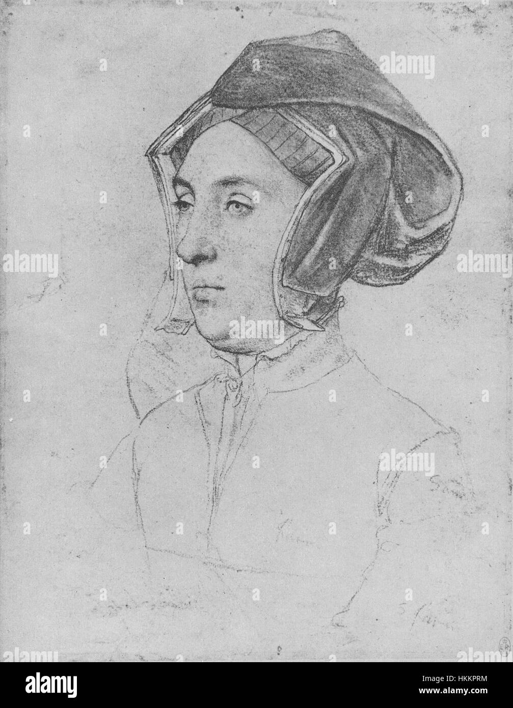 *An Unknown Lady* ist ein Porträt von Hans Holbein dem Jüngeren. Das Kunstwerk ist bekannt für seine realistische Darstellung der Mode aus dem 16. Jahrhundert und die außergewöhnliche Fähigkeit des Künstlers, Details zu erfassen, was Holbeins Erfahrung in der Porträtmalerei während der Renaissance unterstreicht. Stockfoto
