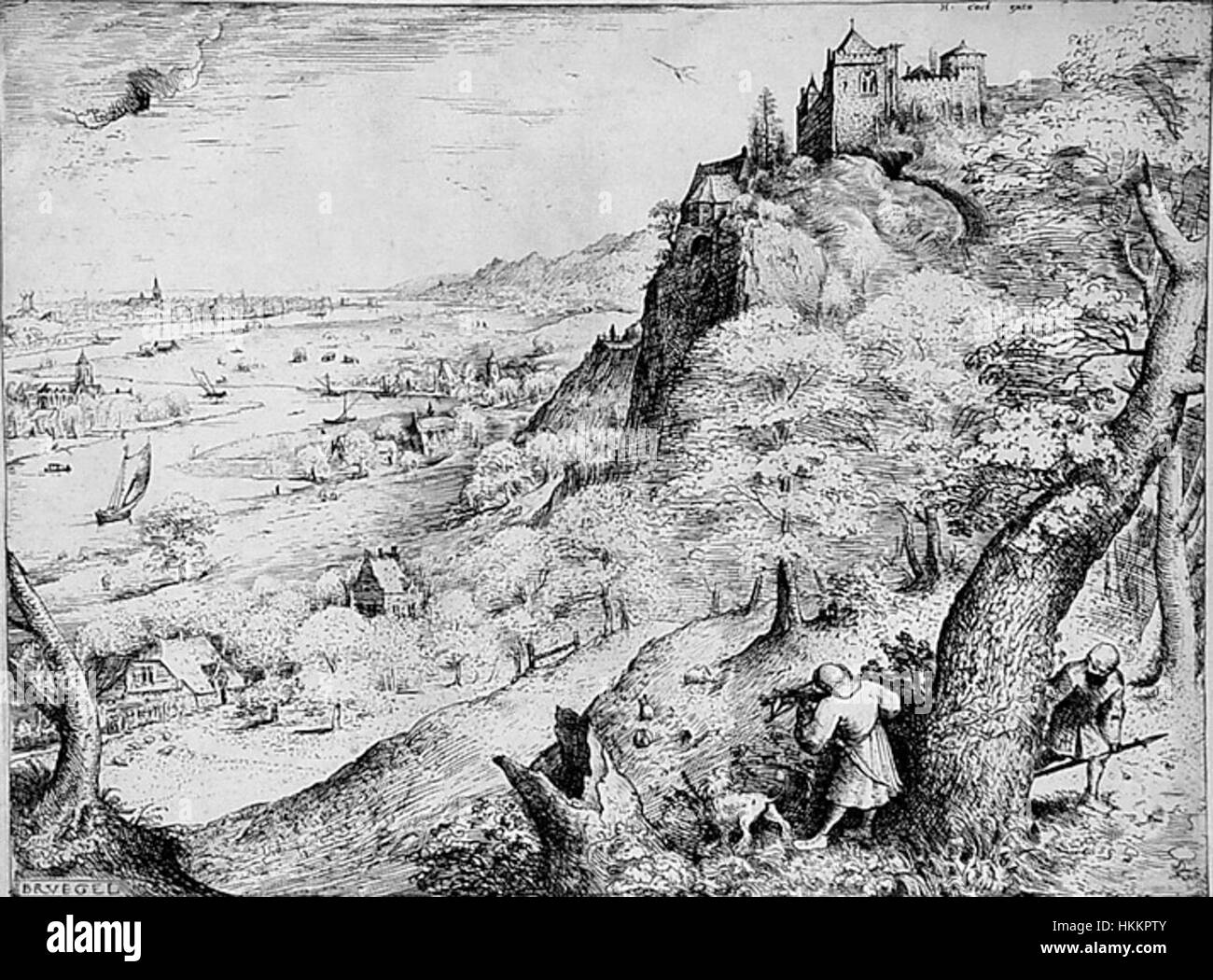 Pieter Bruegel das Gemälde „Kaninchenjagd“ zeigt eine ländliche Szene mit lebendigen Details, die die Jagdtätigkeit auf dem Land festlegt. Das Gemälde ist bekannt für seine Darstellung von Bauern, die auf der Jagd waren und das tägliche Leben des ländlichen Europas im 16. Jahrhundert betonen. Stockfoto