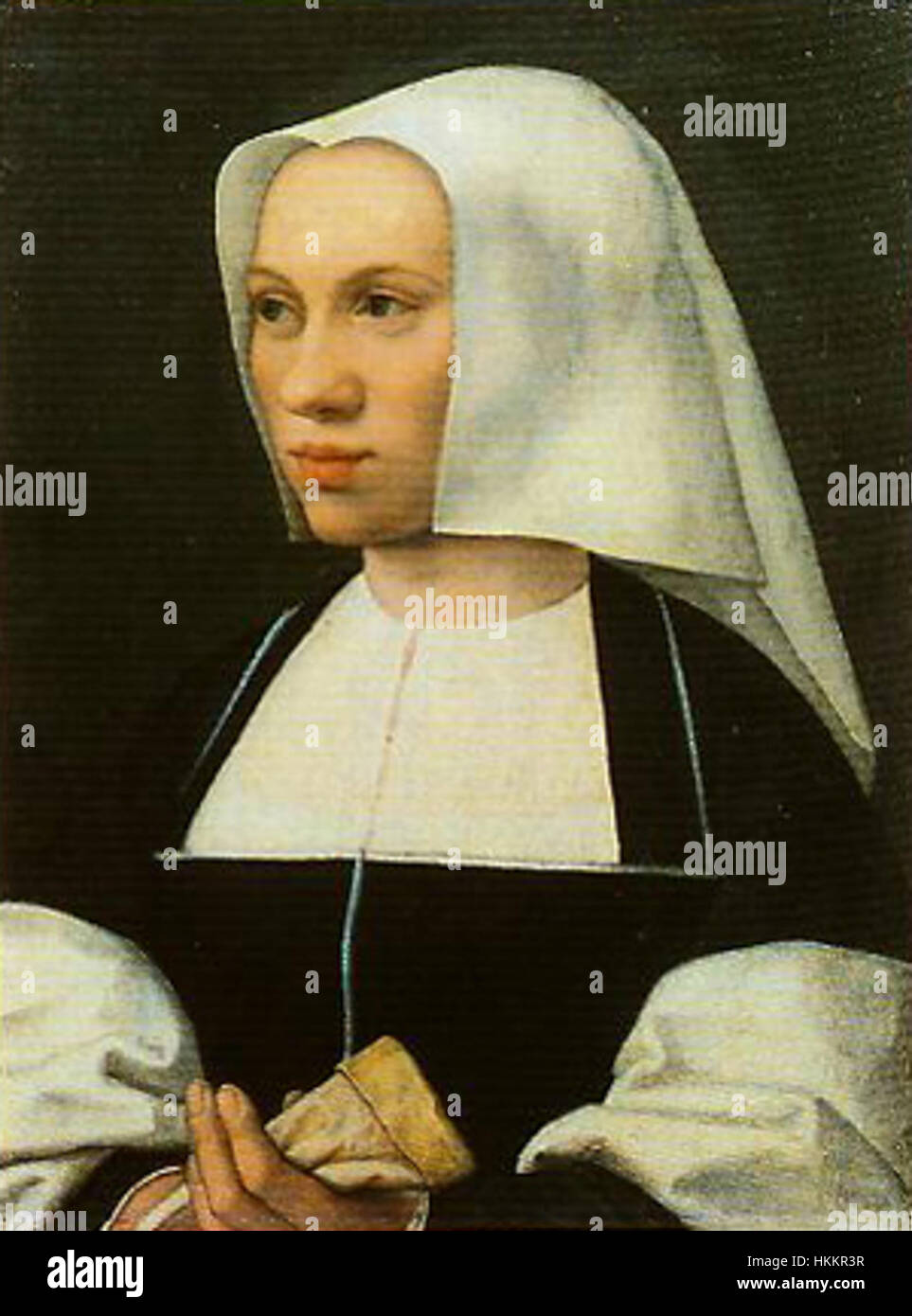 Dieses Porträt von Bernaert van Orley zeigt einen unbekannten Mann und seine Frau, die sie in einem detaillierten und formalen Stil festhalten. Van Orley, bekannt für seine flämischen Porträts, vermittelt den Status der Subjekte durch ihre Kleidung und Komposition. Stockfoto
