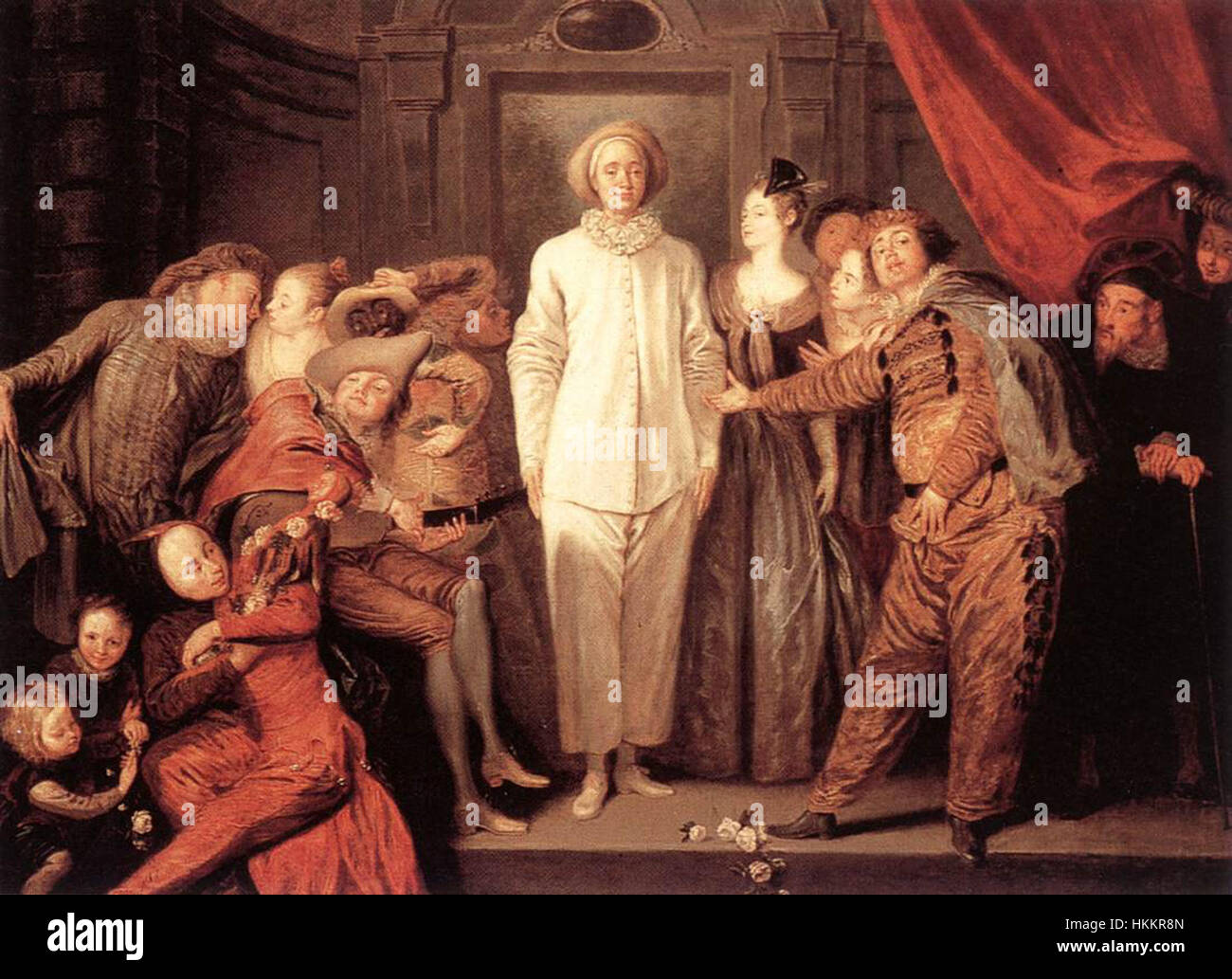 „Italian Comedians“ von Antoine Watteau ist ein Rokoko-Gemälde mit Schauspielern in traditionellen italienischen Commedia dell'arte-Kostümen. Die Szene fängt den unbeschwerten Geist der Theateraufführung aus dem 18. Jahrhundert ein. Stockfoto