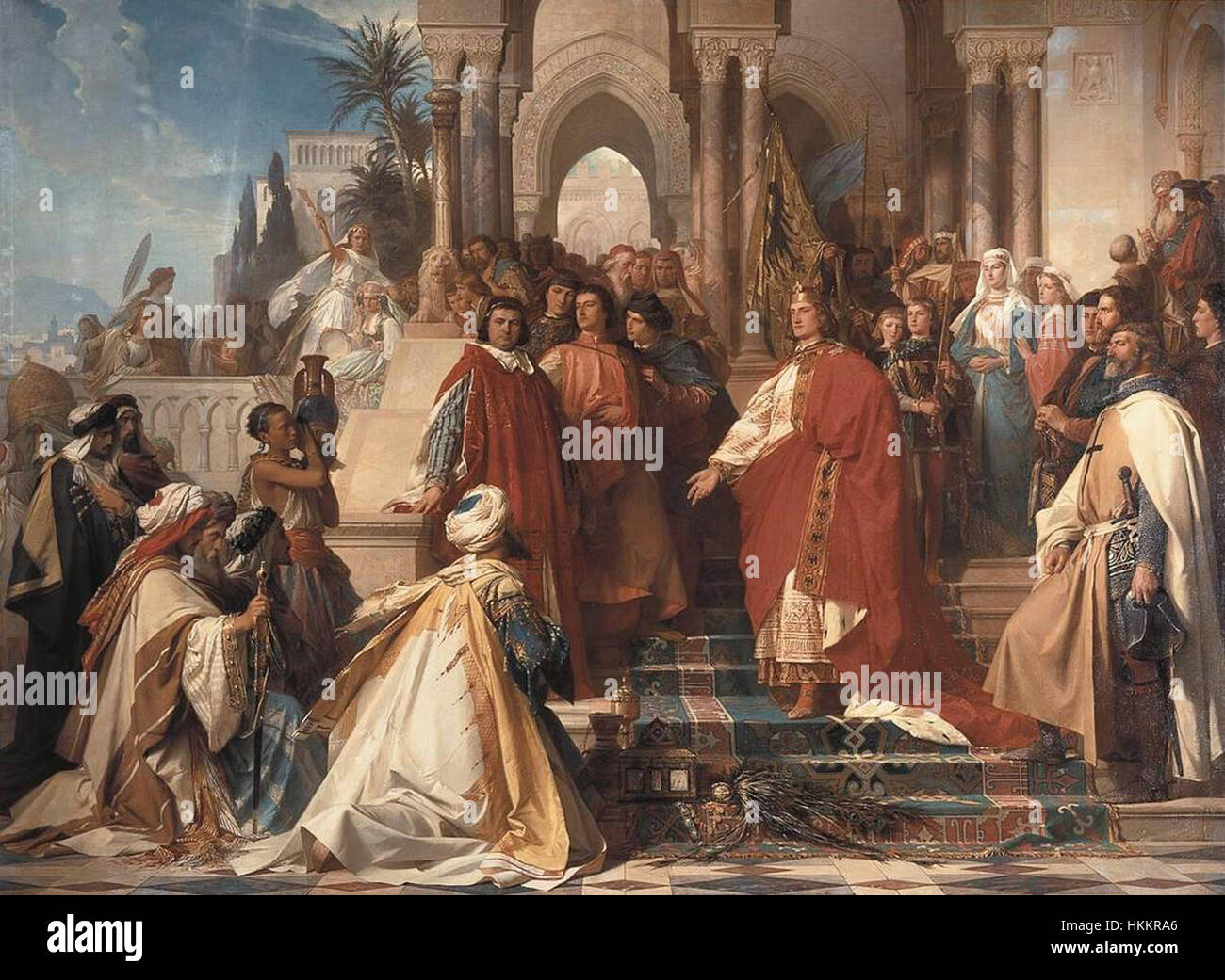 Das Gemälde von Arthur Georg von Ramberg stellt den Hof Kaiser Friedrich II. In Palermo dar und unterstreicht die Pracht des mittelalterlichen Hoflebens während seiner Regierungszeit, zeigt architektonische Elemente und königliche Kleidung. Stockfoto