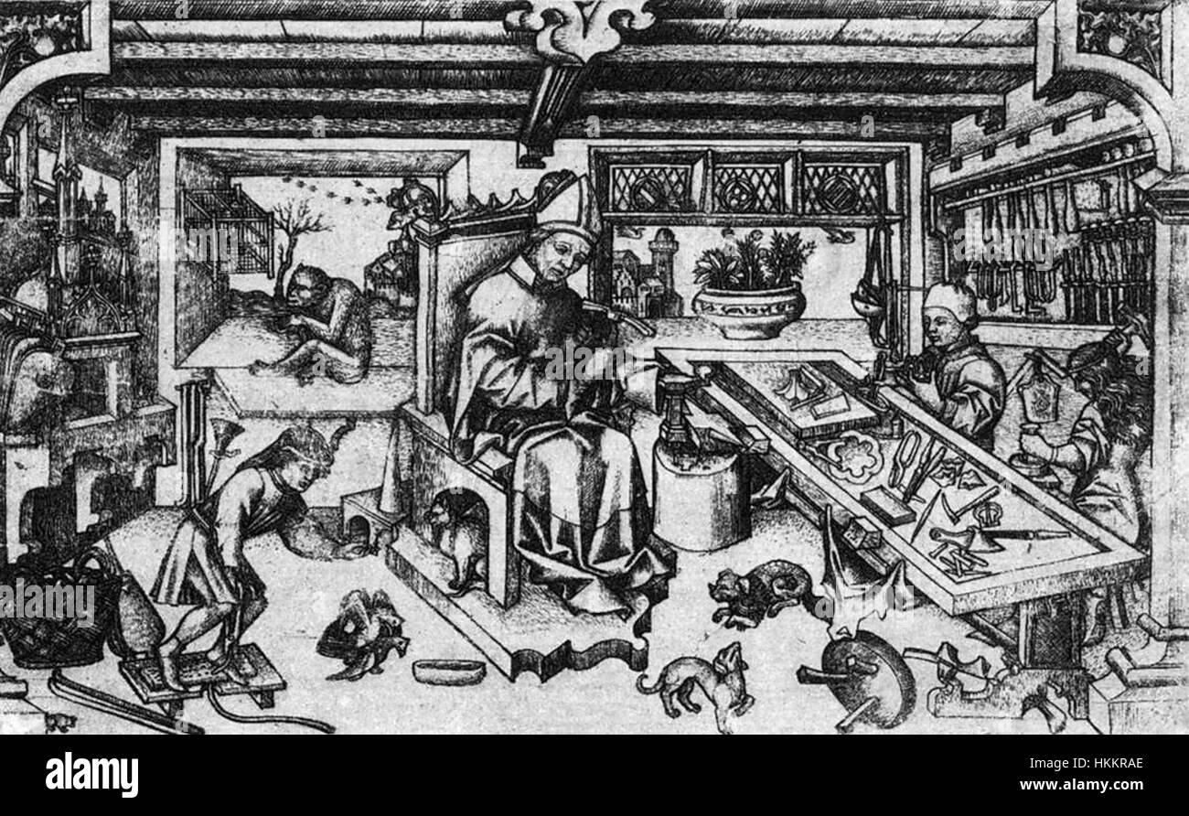 Dieses Gemälde, das einem unbekannten Künstler zugeschrieben wird, zeigt den heiligen Eligius in seiner Werkstatt und hebt seine Arbeit als Goldschmied aus dem 7. Jahrhundert hervor. Das Kunstwerk betont seine religiöse Hingabe und sein handwerkliches Können. Stockfoto