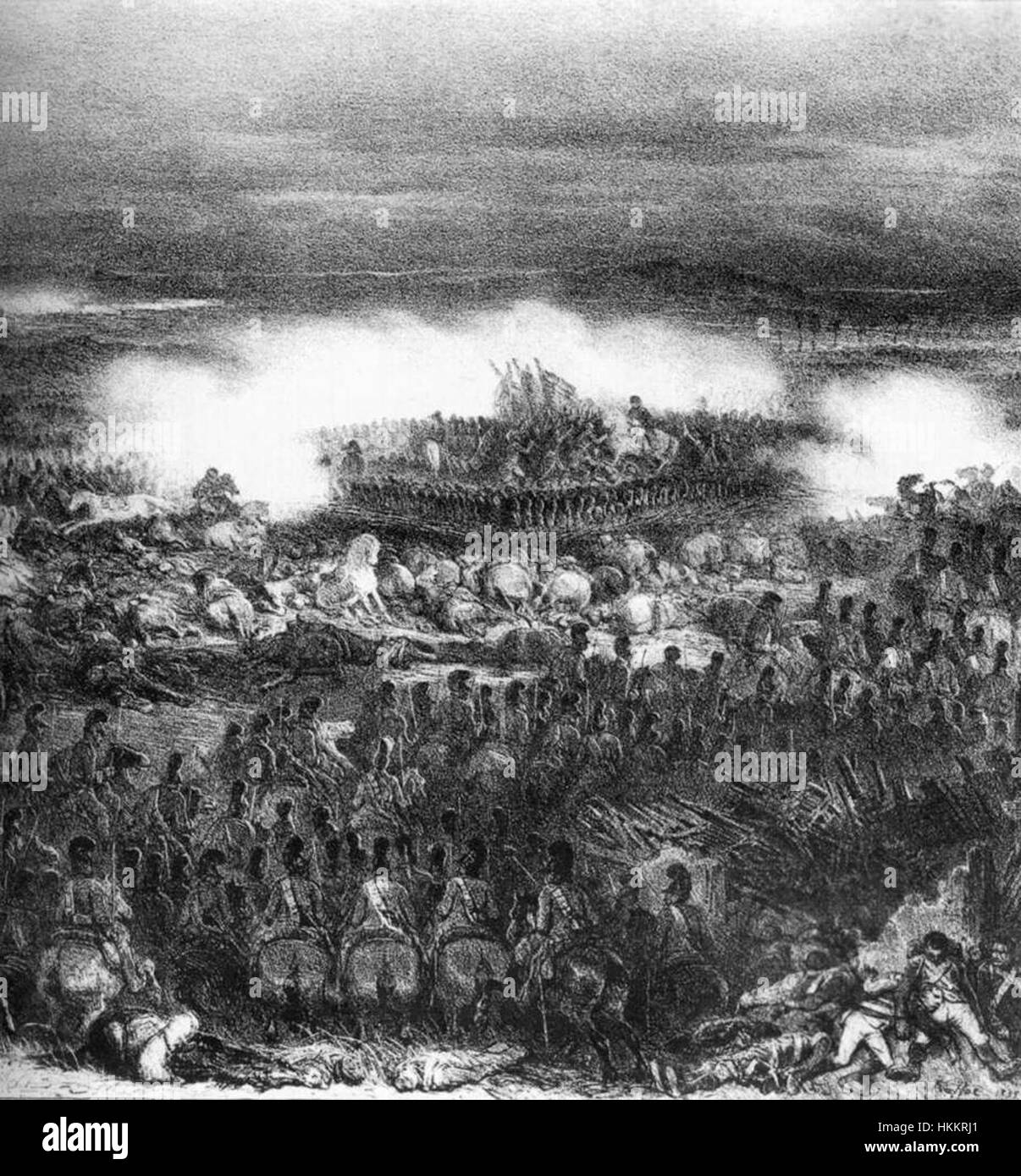 Dieses Kunstwerk von Auguste Raffet zeigt das „Retreat des Heiligen Bataillons“ während der Schlacht von Waterloo am 18. Juni 1815. Es erfasst den chaotischen Rückzug der französischen Streitkräfte nach ihrer Niederlage und spiegelt die emotionale Intensität und historische Bedeutung der Schlacht wider. Stockfoto