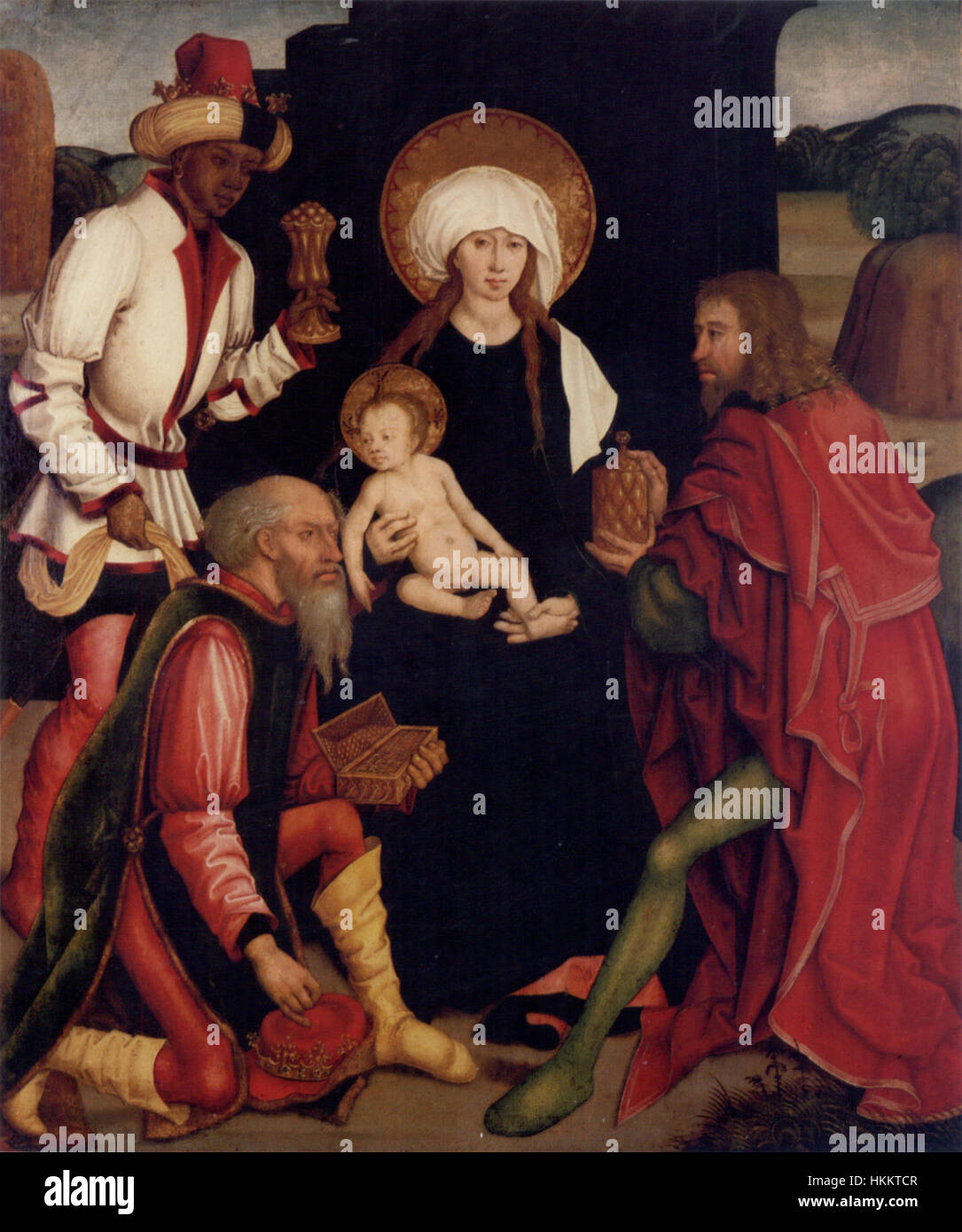 Anbetung von Bernhard Strigel ist ein hingebungsvolles Gemälde, das religiöse Themen aus der Renaissance darstellt. Das Kunstwerk zeigt Figuren, die sich in Anbetung engagieren, und zeigt Strigels Fähigkeit, Emotionen und spirituelle Ehrfurcht zu vermitteln. Stockfoto