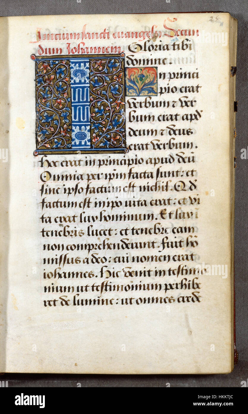 Ein Blatt aus dem Buch der Stunden der Bellemare-Gruppe zeigt eine komplizierte Beleuchtung, die eine detaillierte religiöse Szene aus mittelalterlicher Manuskriptkunst veranschaulicht. Stockfoto Ein Blatt aus dem Buch der Stunden der Bellemare-Gruppe zeigt eine komplizierte Beleuchtung, die eine detaillierte religiöse Szene aus mittelalterlicher Manuskriptkunst veranschaulicht. Stockfoto