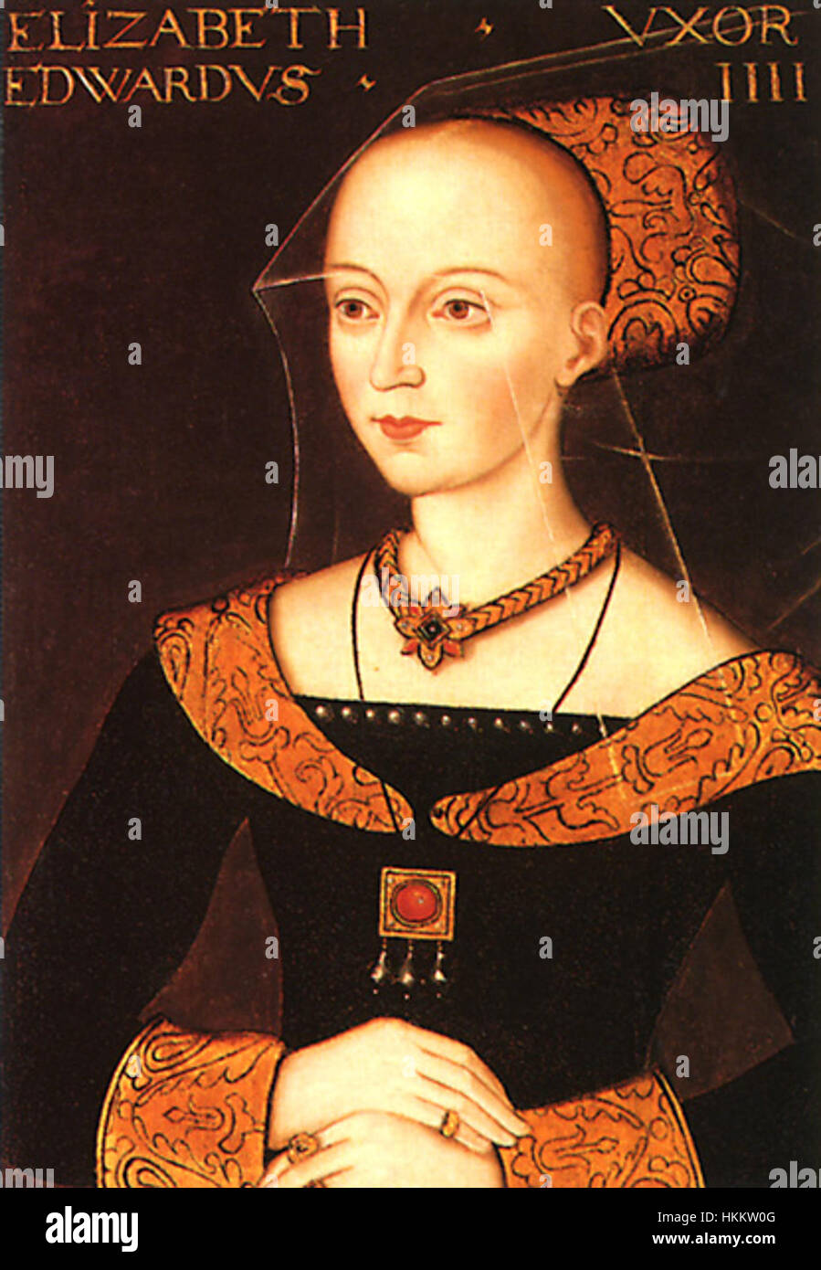 Ein Porträt von Elizabeth Woodville, der Königin von England, gemalt im Mittelalter. Bekannt für ihre Heirat mit König Eduard IV. War sie die Mutter der Prinzen im Tower. Dieses Kunstwerk fängt ihre königliche Präsenz und ihren würdevollen Ausdruck ein. Stockfoto