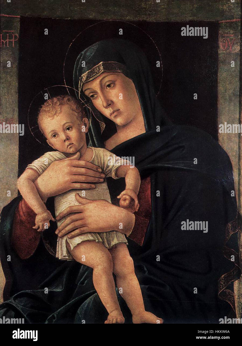 Giovanni Bellinis „Madonna mit dem Kind“ (griechische Madonna) zeigt die Jungfrau Maria und das Jesuskind, die mit Licht- und Farbenempfindlichkeit dargestellt werden. Das Gemälde repräsentiert Bellinis Meisterschaft in der religiösen Kunst während der Renaissance. Stockfoto
