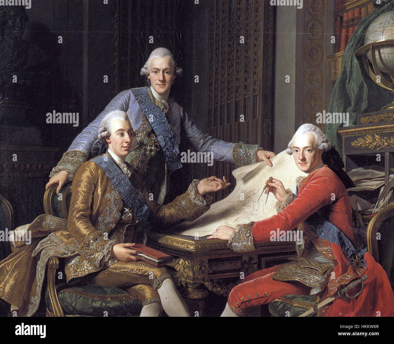 Dieses Porträt zeigt König Gustav III. Von Schweden zusammen mit seinen Brüdern. Das Gemälde fängt die königliche Familie in einem historischen Kontext ein und betont ihren Status und die Ära, in der sie lebten. Stockfoto