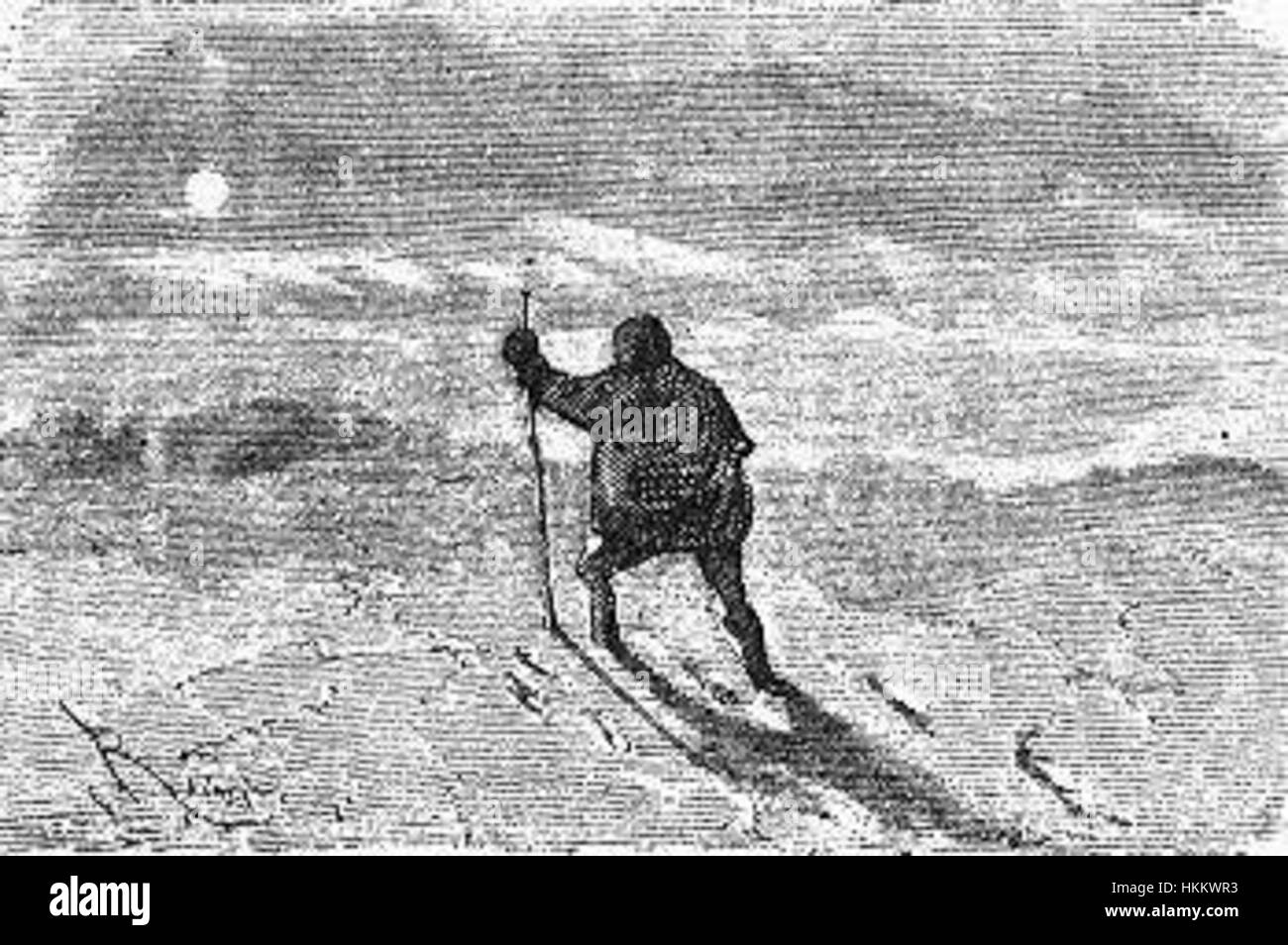 „The Field of Ice“ von Riou und Montaut fängt die krasse Schönheit und Herausforderung eisgebundener Landschaften ein. Das Gemälde spiegelt die gefährlichen Bedingungen der Polarforschung im 19. Jahrhundert wider. Stockfoto