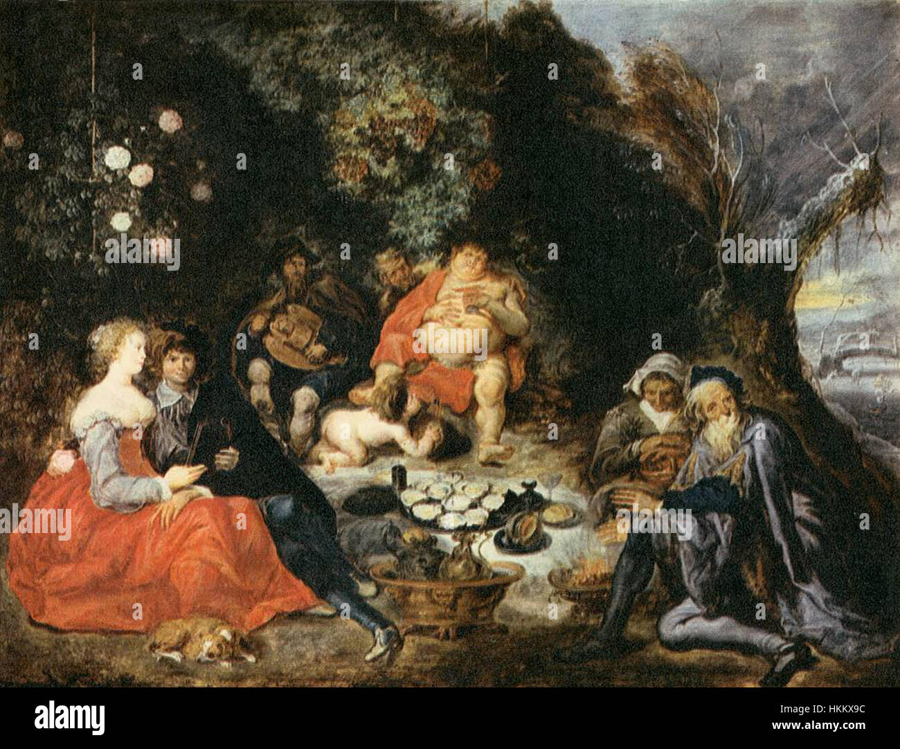 Simon de Vos’ „allegorische Szene“ ist ein Ölgemälde aus dem 17. Jahrhundert, das symbolische Figuren verwendet, um tiefere moralische oder philosophische Themen zu vermitteln. De Vos war bekannt für seinen detaillierten und expressiven Stil, der sich oft auf Allegorien und Erzählkompositionen konzentrierte. Stockfoto