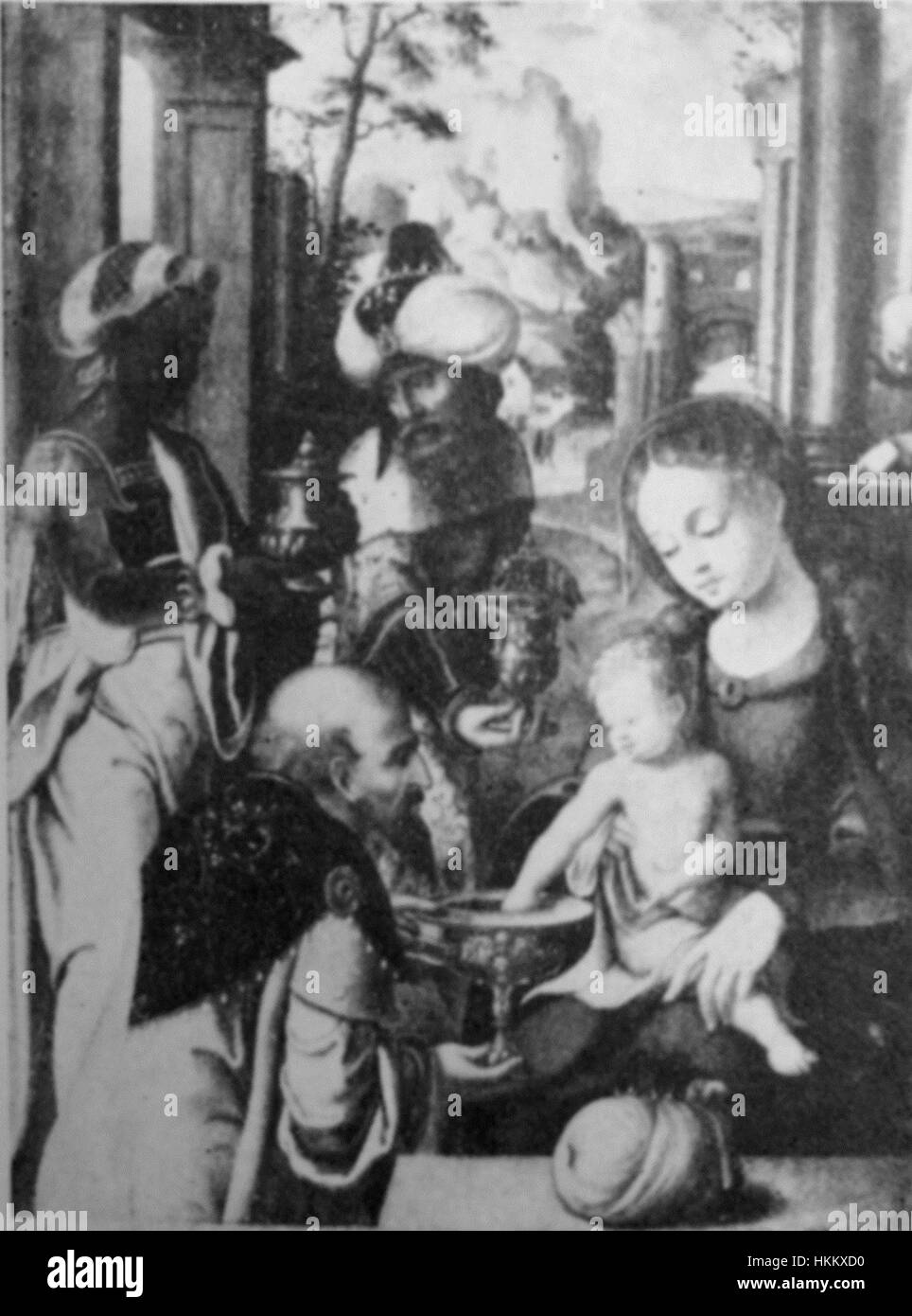 Die „Anbetung der Könige“ der Utrechter Schule ist ein spätgotisches Gemälde, das die drei Weisen zeigt, die dem Jesuskind Geschenke überreichen. Die detaillierte Komposition und die lebendigen Farben unterstreichen die religiöse Bedeutung der Szene. Stockfoto