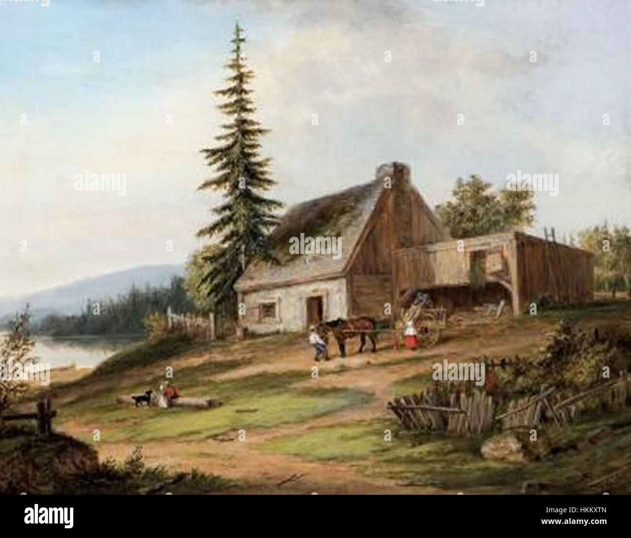 Cornelius Krieghoffs Ölgemälde „A Pioneer Homestead“ aus dem Jahr 1854 zeigt das Leben früherer Siedler in Kanada. Das Stück beleuchtet die schwierigen Bedingungen, denen Pioniere in der Wildnis des Kanadas des 19. Jahrhunderts gegenüberstehen. Stockfoto