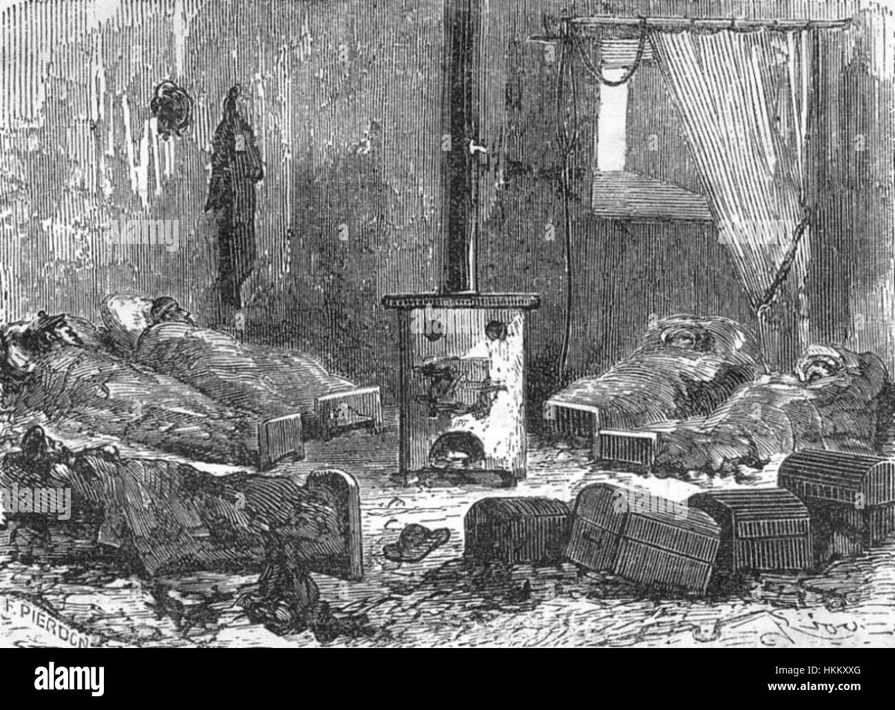 „The Field of Ice“ von Riou und Montaut stellt eine kalte, einsame Landschaft dar, die die raue Umgebung einfängt. Das Gemälde zeigt die Kraft der Natur auf scharfe Weise und erweckt ein Gefühl von Einsamkeit und Kraft. Stockfoto