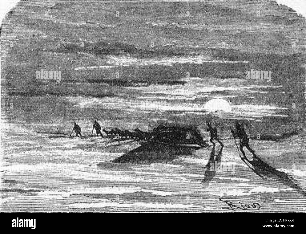 „The Field of Ice“ von Riou und Montaut fängt die kalten und einsamen Landschaften der Polarregionen ein. Dieses Gemälde unterstreicht die schroffe Schönheit eisiger Weiten, ein Thema, das in der Explorationskunst des 19. Jahrhunderts häufig vorkommt. Stockfoto