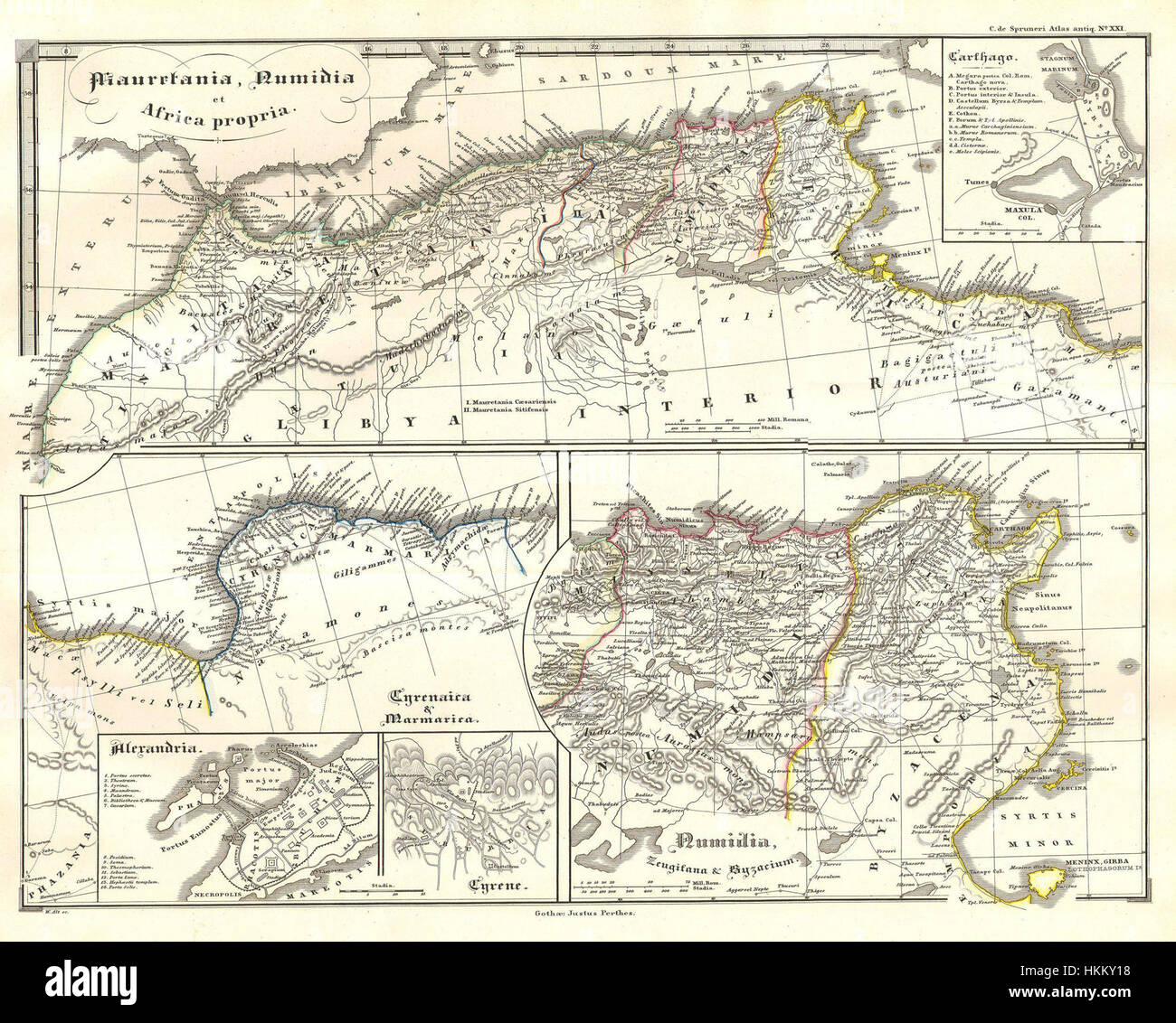 Diese Karte von Spruneri aus dem Jahr 1855 bietet eine detaillierte Ansicht Nordafrikas während der Antike mit Schwerpunkt auf Regionen wie Karthago, Numidien und Alexandria. Sie dient als historische kartographische Darstellung des Gebiets. Stockfoto