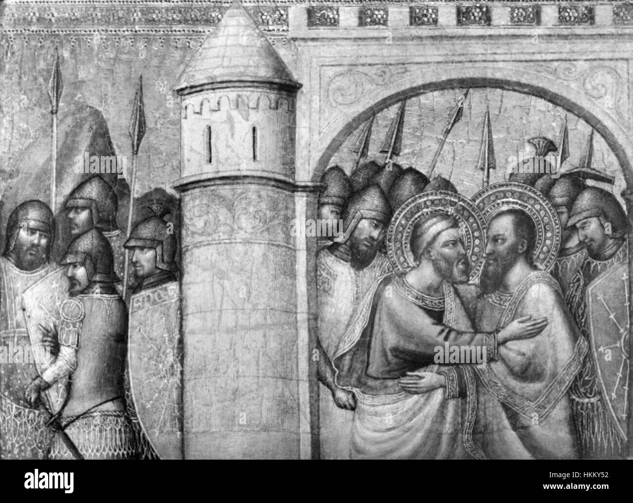 Dieses Detail aus Jacopo di Ciones Polyptychon von 1370-71 zeigt eine Szene aus der Predella, Teil eines religiösen Altaraufsatzes, der ursprünglich am San Pier Maggiore in La Spezia ausgestellt wurde. Es spiegelt den komplizierten Stil des Künstlers in der spätgotischen religiösen Kunst wider. Stockfoto