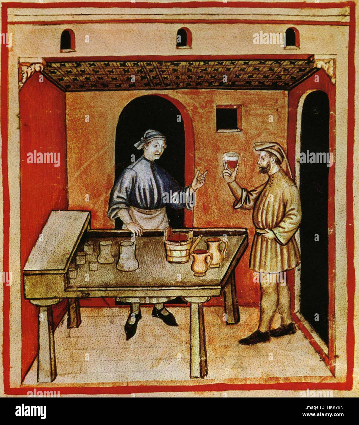 „20-alimenti, vino rosso“ ist eine Illustration aus dem „Taccuino Sanitatis“, einem Manuskript aus der Sammlung Casanatense. Das Bild zeigt traditionelle Lebensmittel und Rotwein, die mittelalterliche europäische medizinische und diätetische Praktiken widerspiegeln. Stockfoto