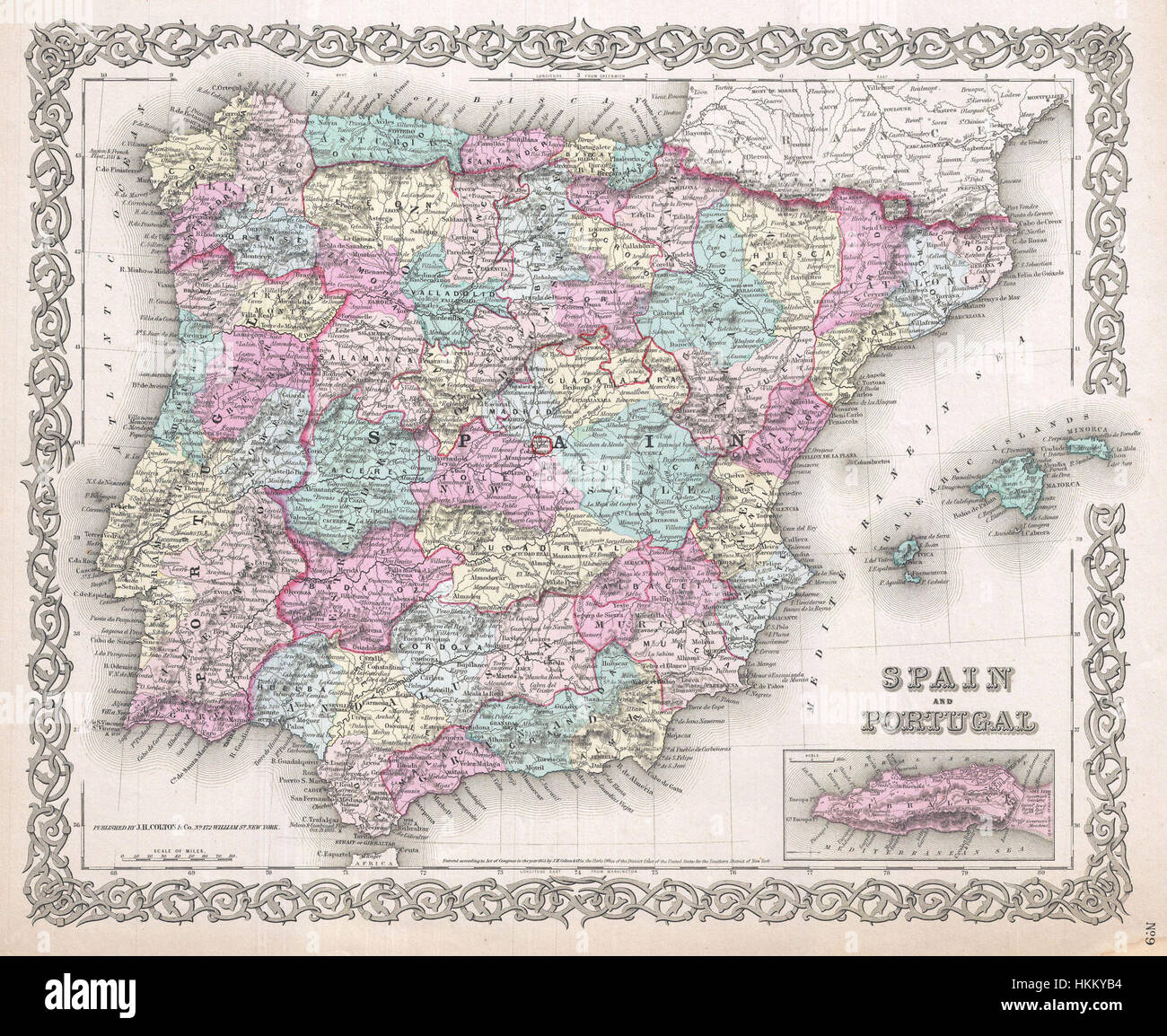 Eine Karte von Spanien aus dem Jahr 1855 von Colton, die die politische und geografische Landschaft Spaniens in der Mitte des 19. Jahrhunderts veranschaulicht. Diese Karte zeigt Städte, Grenzen und Regionen, die für die spanische Geschichte wichtig sind. Stockfoto