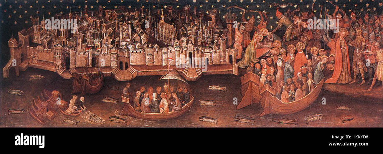 Dieses Gemälde aus dem 15. Jahrhundert zeigt das Martyrium der heiligen Ursula, einer christlichen Märtyrerin, vor der Stadt Köln. Das Stück fängt die emotionale Intensität der Szene ein und zeigt den gotischen Stil, der in der mittelalterlichen religiösen Kunst vorherrschend ist. Stockfoto